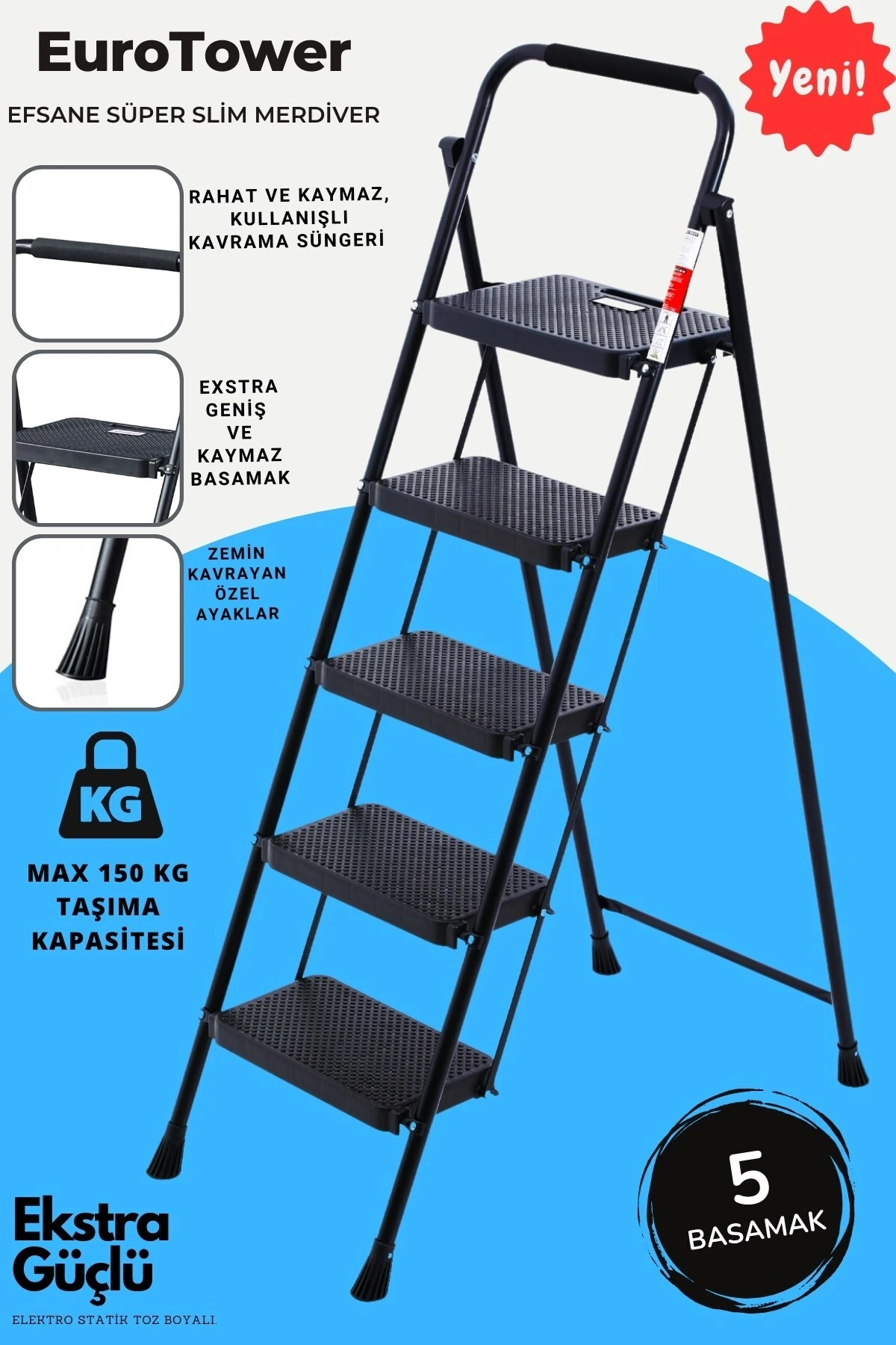 5 Basamak Siyah Merdiven Geniş Basamaklı EUROTOWER, ET5