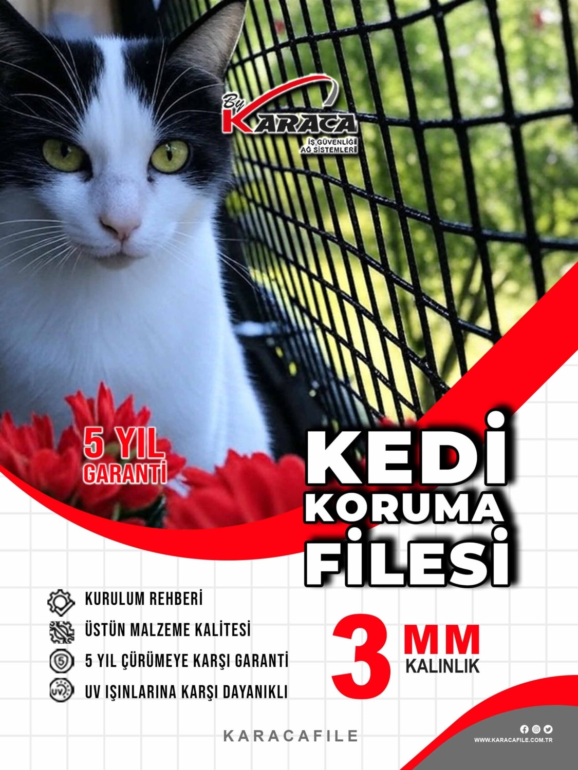 Kedi Balkon Güvenlik Filesi – 1.5 M Yükseklik | Metreyle Kesim | 3 mm Ip, 3.5x3.5 cm Göz Aralığı + Montaj Aparatları (Siyah)