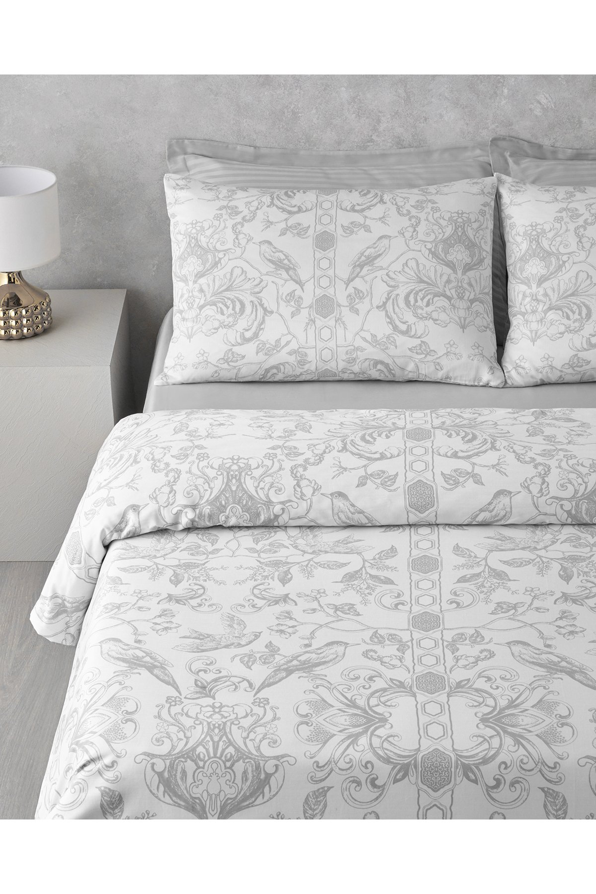 Dainty Bird Pamuk Saten Çift Kişilik Nevresim Takımı 200x220 cm Gümüş