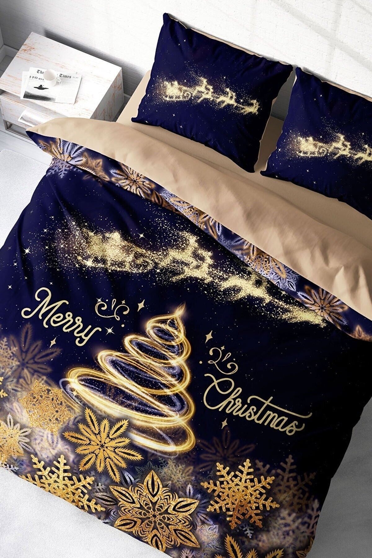 Yılbaşı Süsü Gold Coffee Noel %100 Pamuk Saten 3d Çift Kişilik Nevresim Takımı