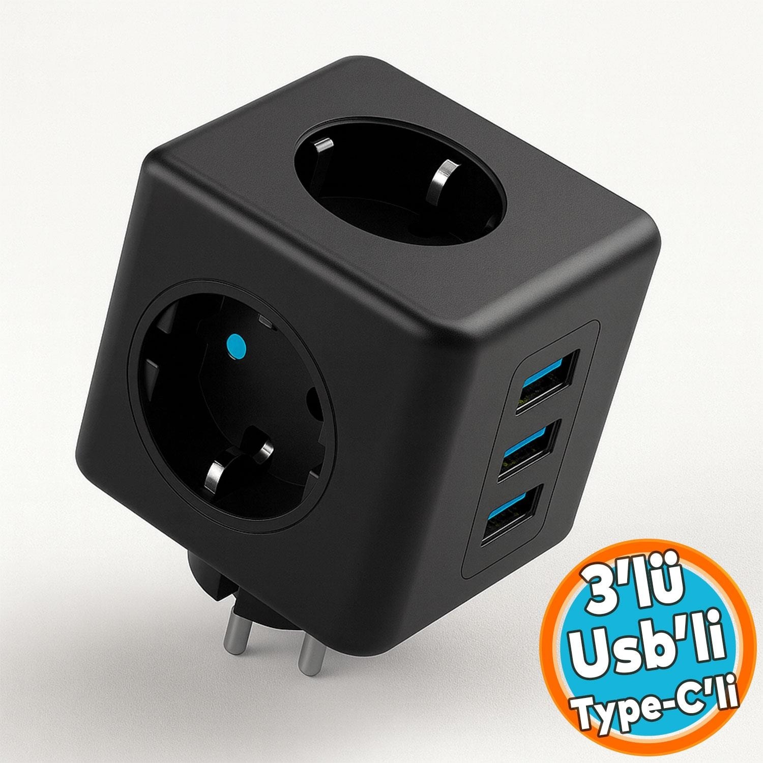 Çocuk Termal Kısa Devre Akım Korumalı 3 Prizli 2 USB + 1 Type-C Topraklı Golyat Grup Şarj Fiş Priz