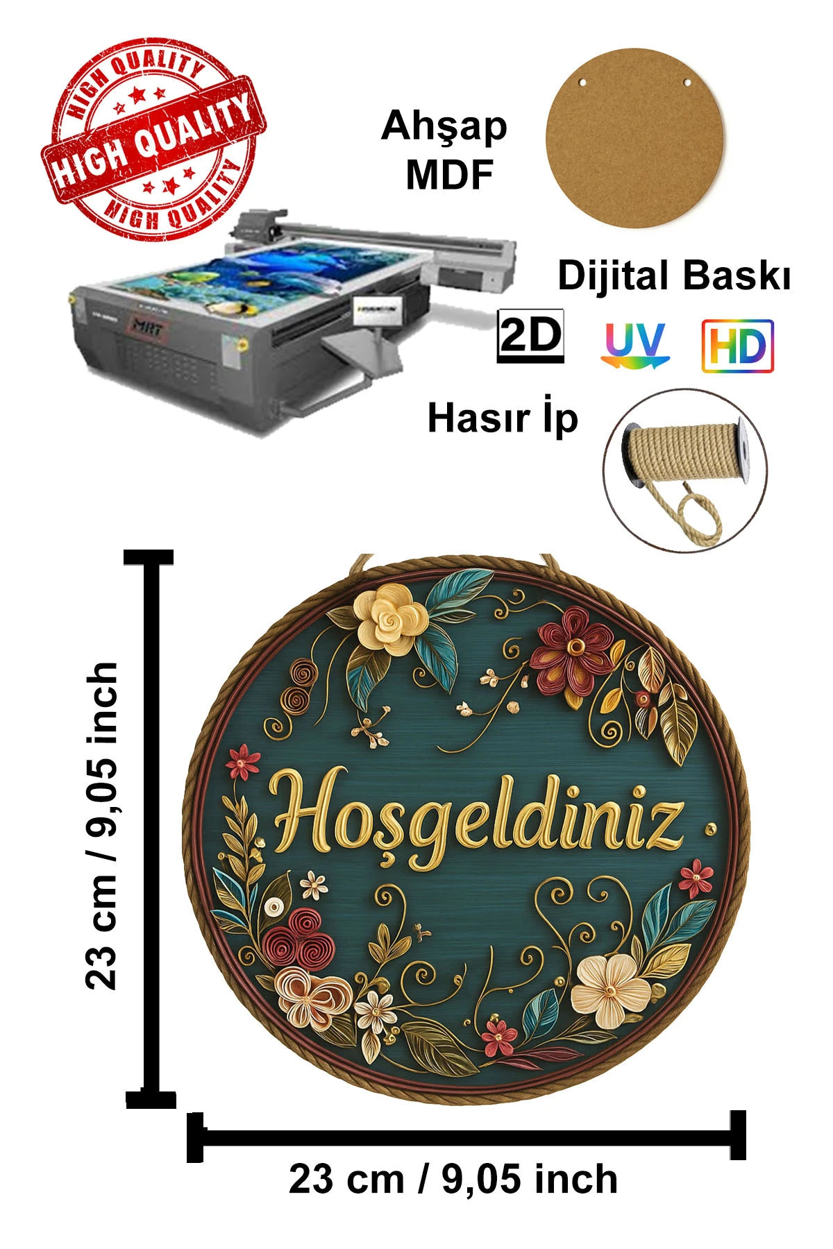 Kapı Süsü Ahşap MDF "Hoş geldiniz" Yazılı - Çiçek Desenli - UV Baskılı