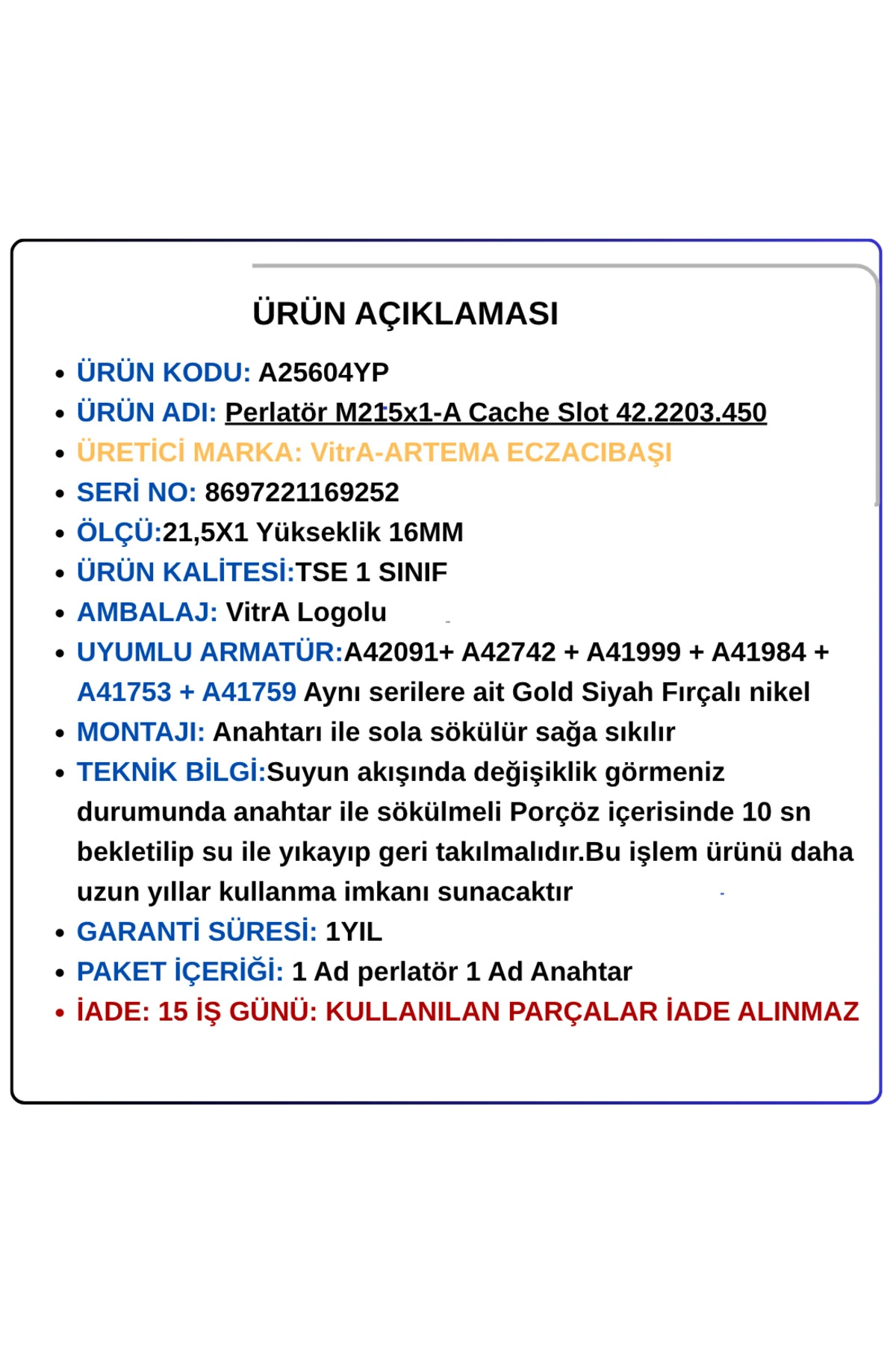 A25604YP + Anahtar -ARTEMA Perlatör M215x1-A Cache Slot