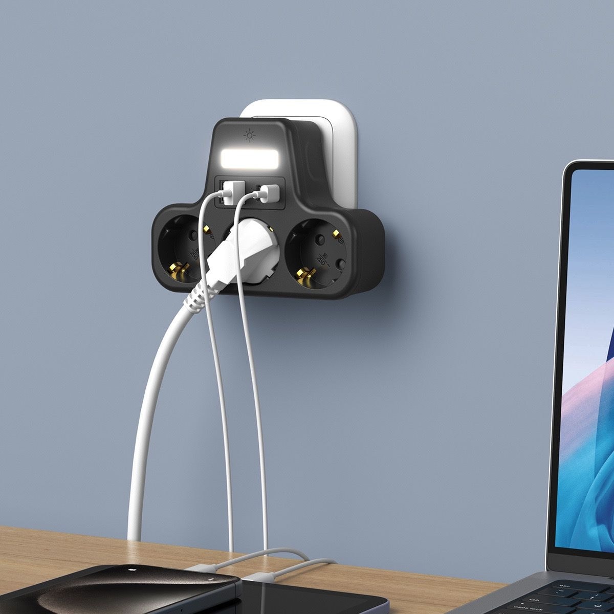Çoklu Gece Lambalı Priz Yüksek Gerilim Korumalı 3'lü Priz 2x USB 2x Type-C Çıkışlı Grup Priz Çoğaltıcı