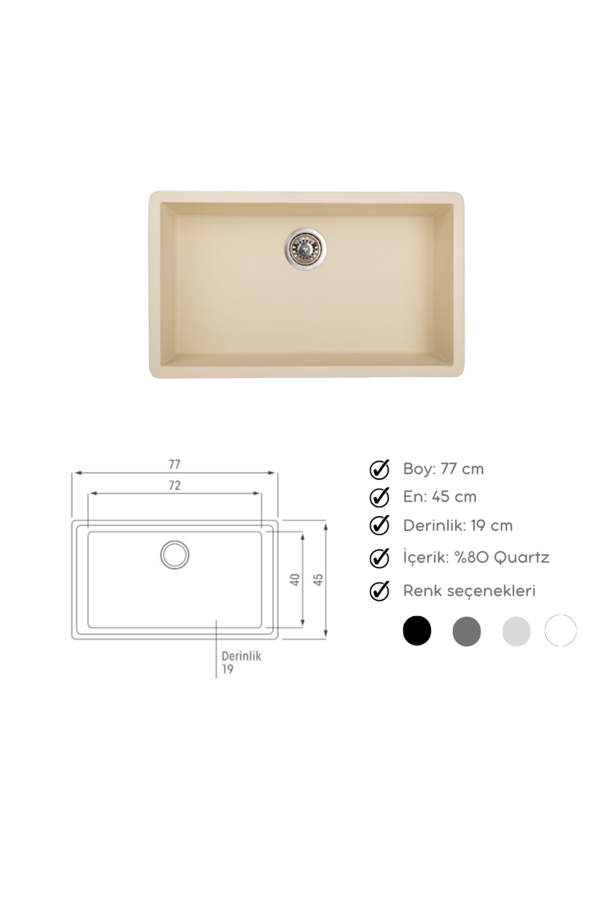 Granit Evye Bej Tek Gözlü Mutfak Evyesi 77 X 45 Cm