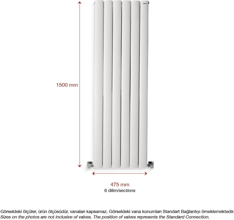 1500 x 475 mm Lilac Dikey Beyaz Alüminyum Radyatör Standart Bağlantı