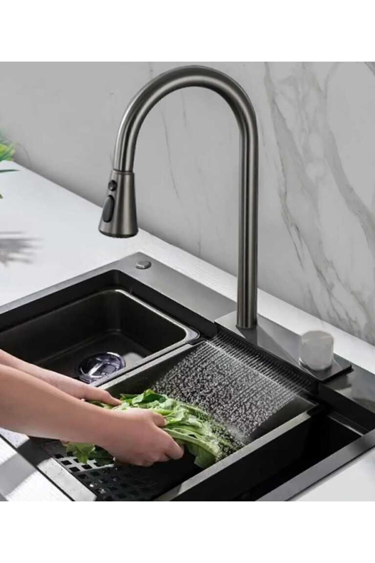 Teknolojik Akıllı Yağmurlama Armatür Kesme Tahtası 2 Tepsi 75x45x20cm Ankastre Evye Seti Hediye Li