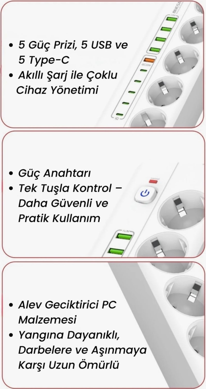 Termal Akım Korumalı Çocuk Kilitli 5 Priz / 5 USB / 5 Type-C Girişli 2 M Kablolu Priz