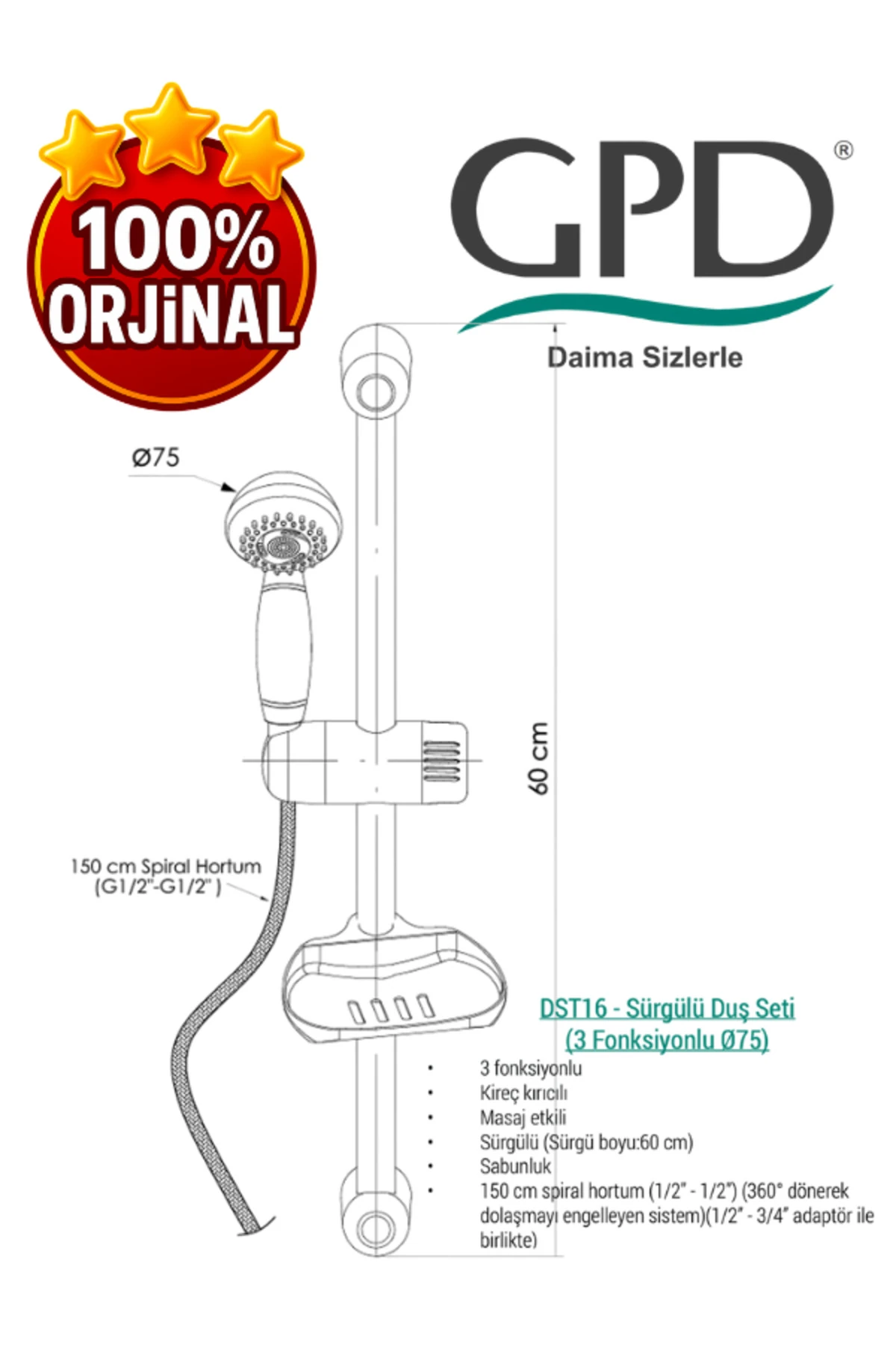 DST16 Sürgülü Duş Seti (3 Fonksiyonlu Ø75)