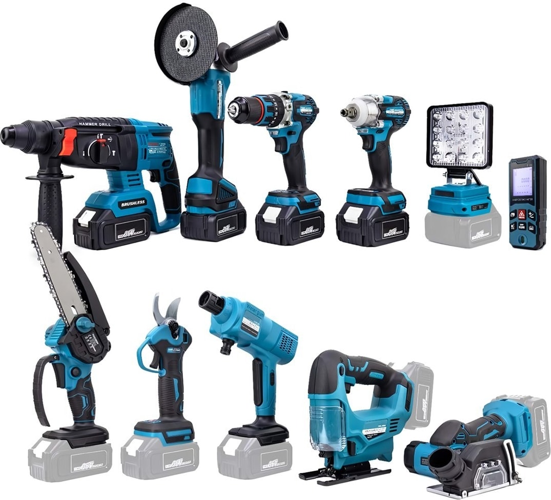 Chelikbei EEA458 Akülü 11LI Set (Led Işık, Lazer Metre, Somun Sıkma, Dekupaj, Oto Yıkama, Dal Makası, Dal Budama Testere, Darbeli Vidalama, Spral, Kırıcı Delici Matkap, Çok Fonksiyonlu Taşlama)