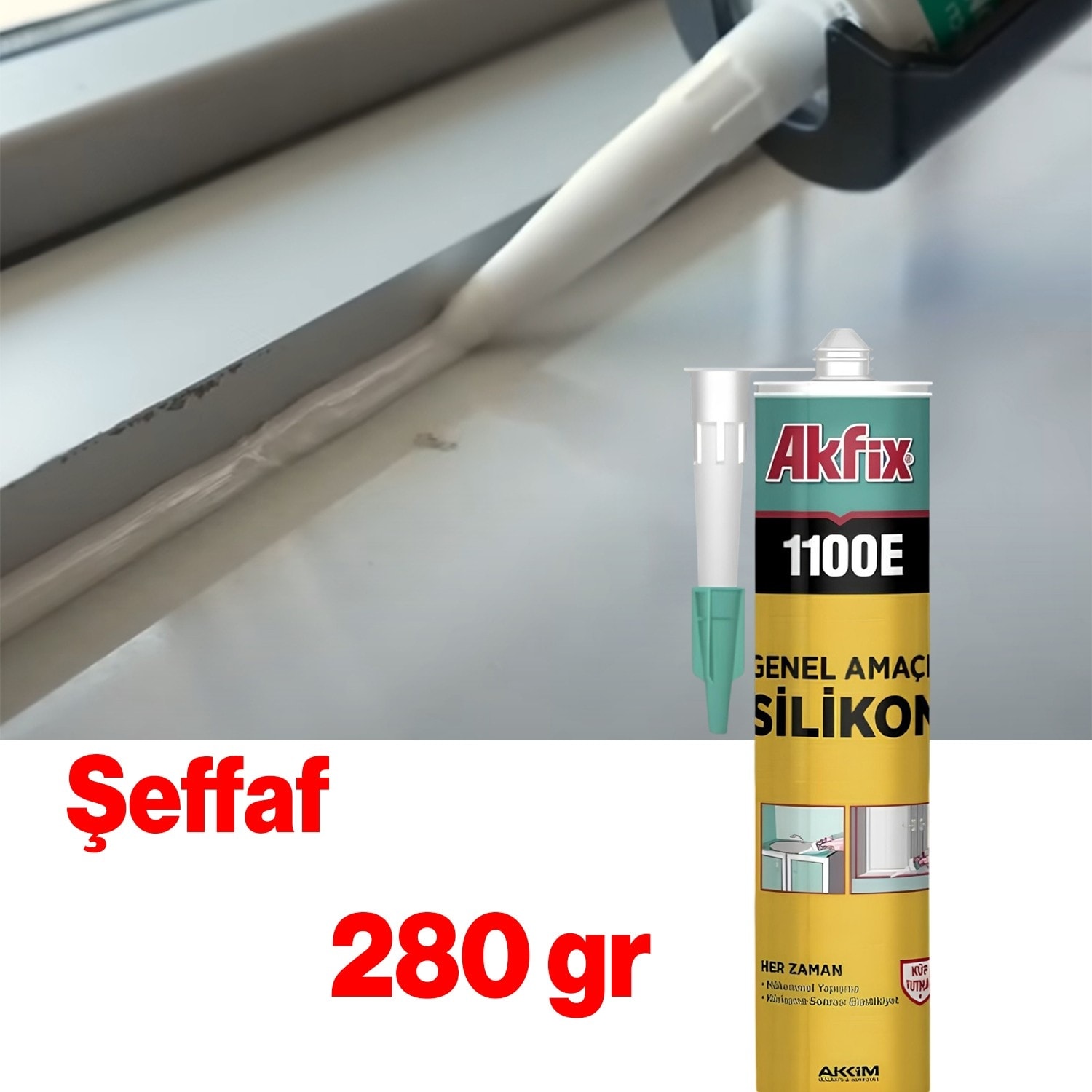 Genel Amaçlı Silikon Yapıştırma Sızıntı Önleyici Dolgu Silikonu 280 gr 1 Adet 1100E Şeffaf