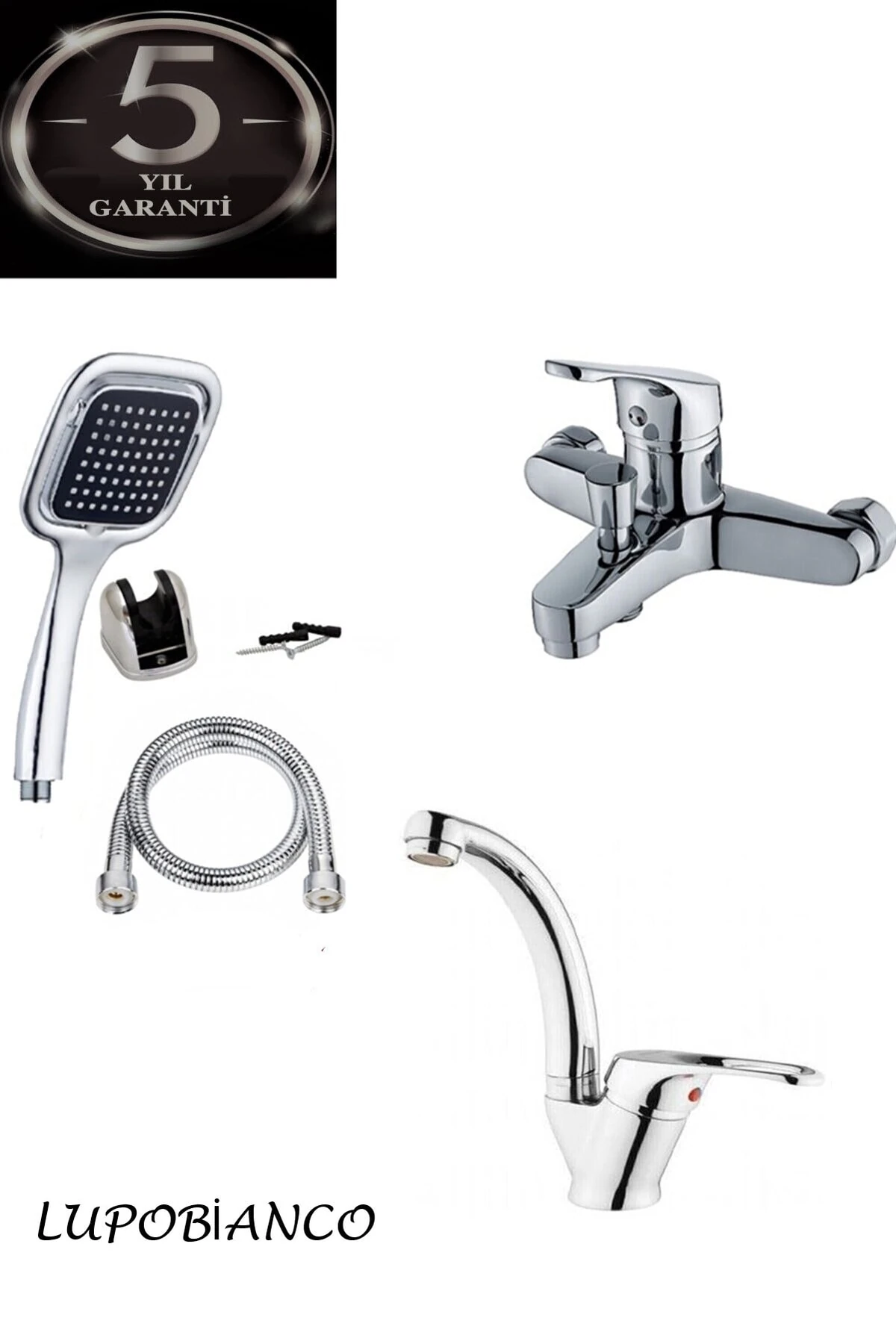 3'lü Set Banyo Bataryası Lavabo Bataryası Kare Duş Seti 5 Yıl Garanti