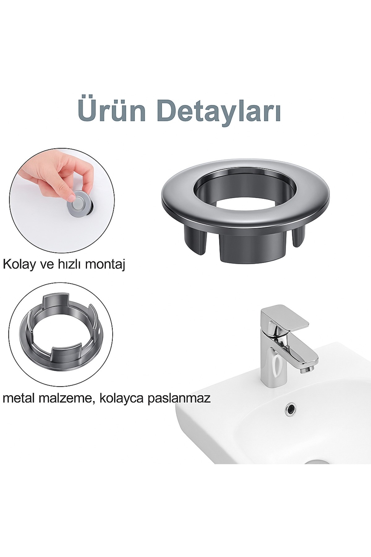 Parlak Krom Görünümlü Lavabo Taşma Yüzüğü - Dayanıklı Metal Evye Taşma Halkası 1 Adet