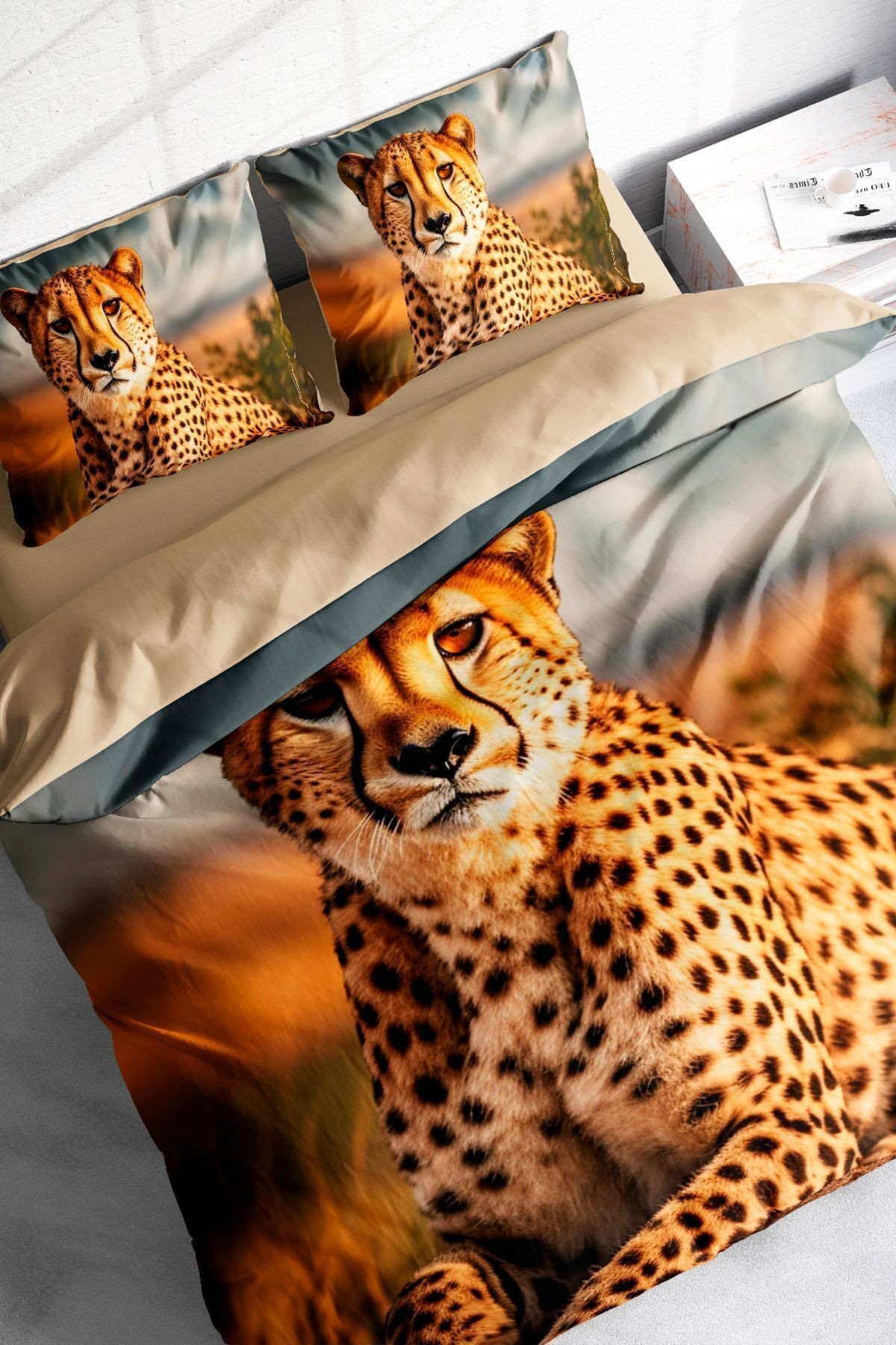 Leopar Lastikli Çarşaflı %100 Pamuk Saten Çift Kişilik Nevresim Takımı Cheetah