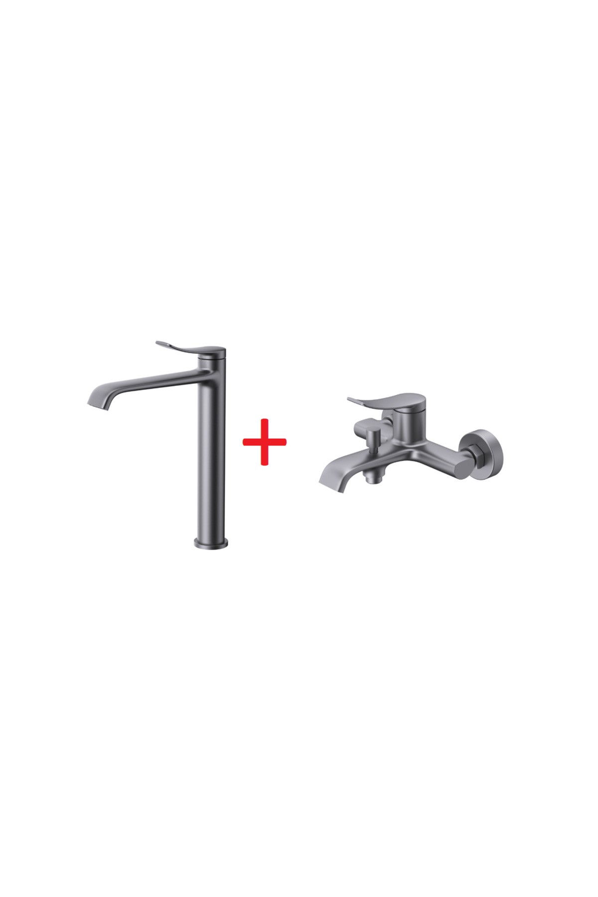 Lua Tezgah Üstü Yüksek Lavabo Ve Banyo Bataryası Seti Metalik Gri Lu6500gr+lu2500gr