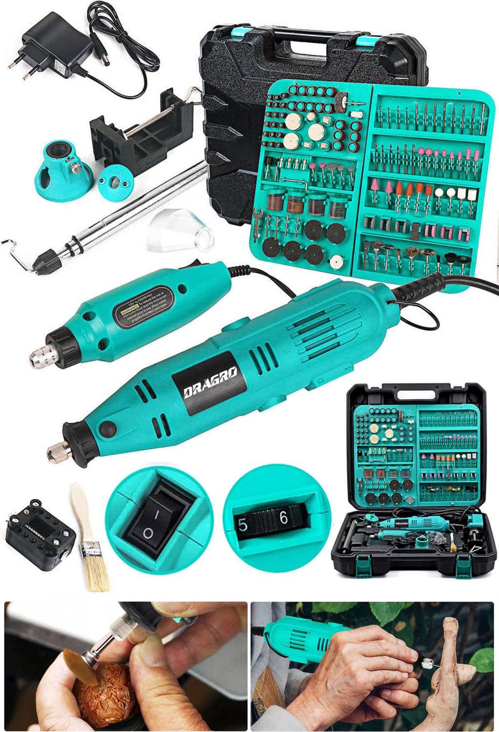Alman 400 Watt 352 Parça 60.000 Rpm 6 Kademe Devir Ayarlı Hobi Gravür Seti Mini Taşlama Makinesi