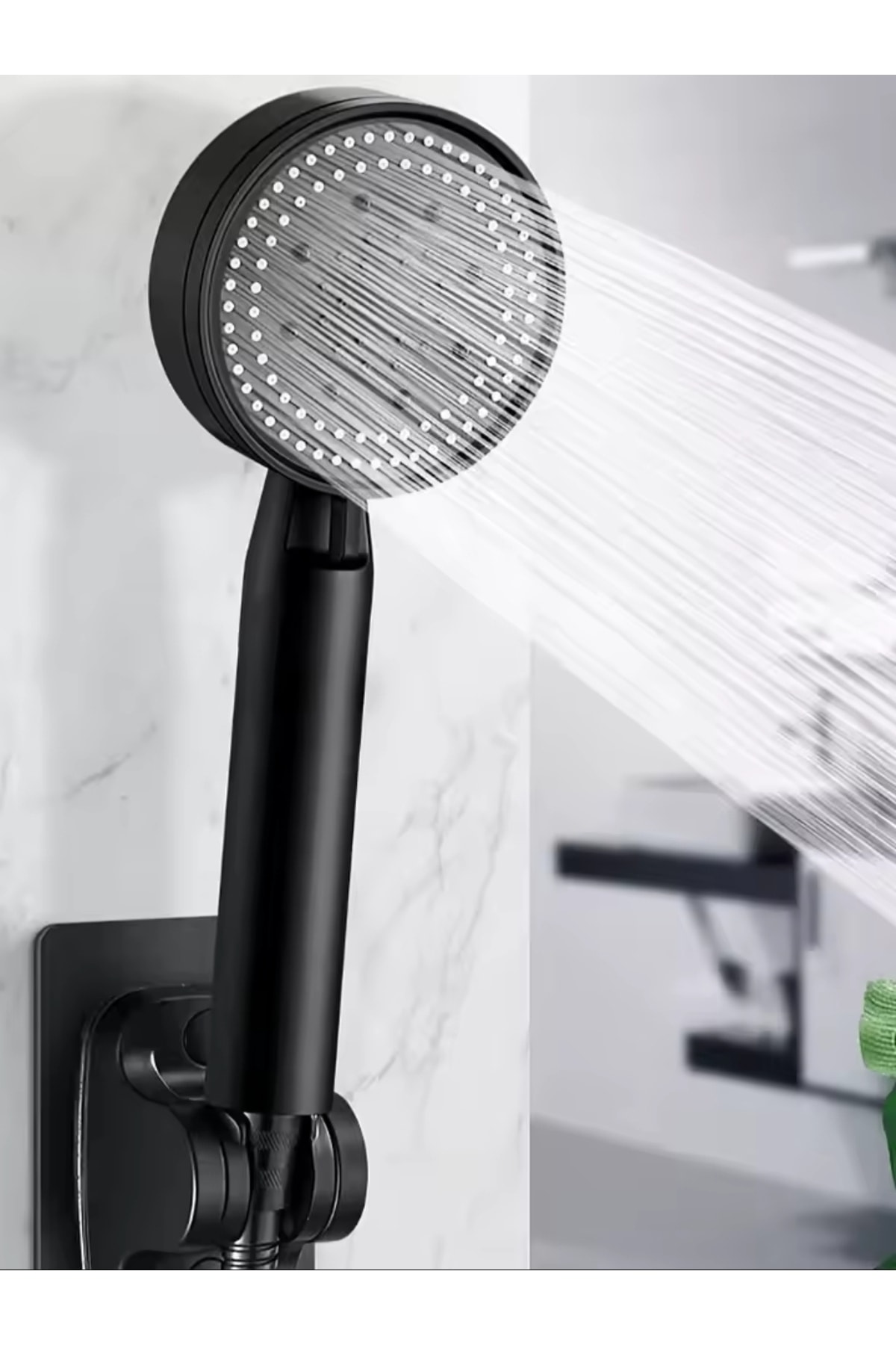 Tayzikli Yüksek Basınçlı Siyah Duş Başlığı Yapışkanlı Duş Mafsalı 150cm Hortumlu Duş Seti