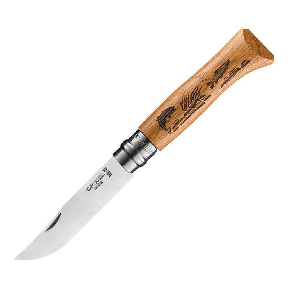 OP-002334-Opinel Inox No 8 Meşe Saplı Balık Desenli Paslanmaz Çelik Çakı