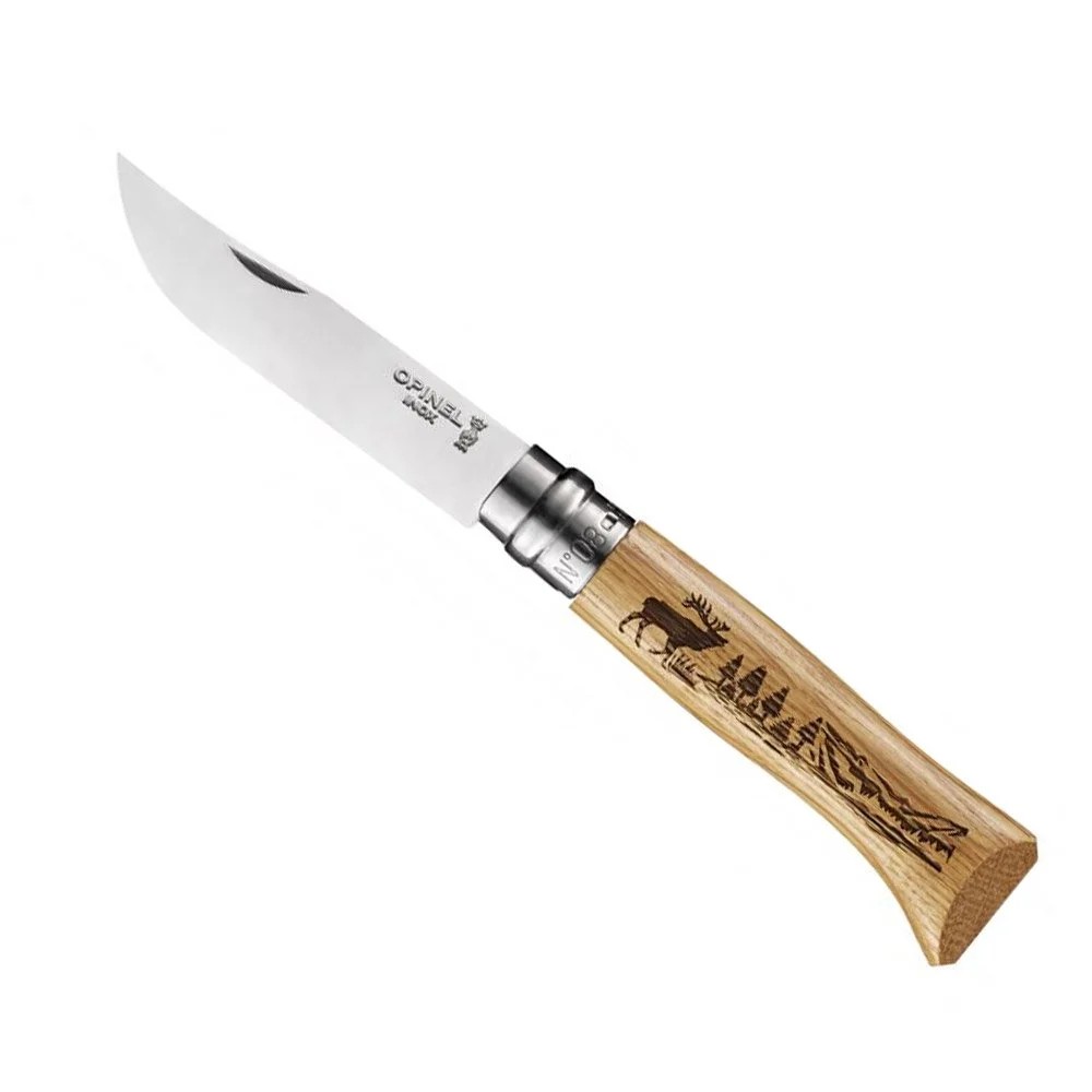 OP-002332-Opinel Inox No 8 Meşe Saplı Geyik Desenli Paslanmaz Çelik Çakı