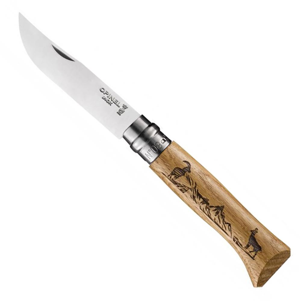 OP-002336-Opinel Inox No 8 Meşe Saplı Keçi Desenli Paslanmaz Çelik Çakı