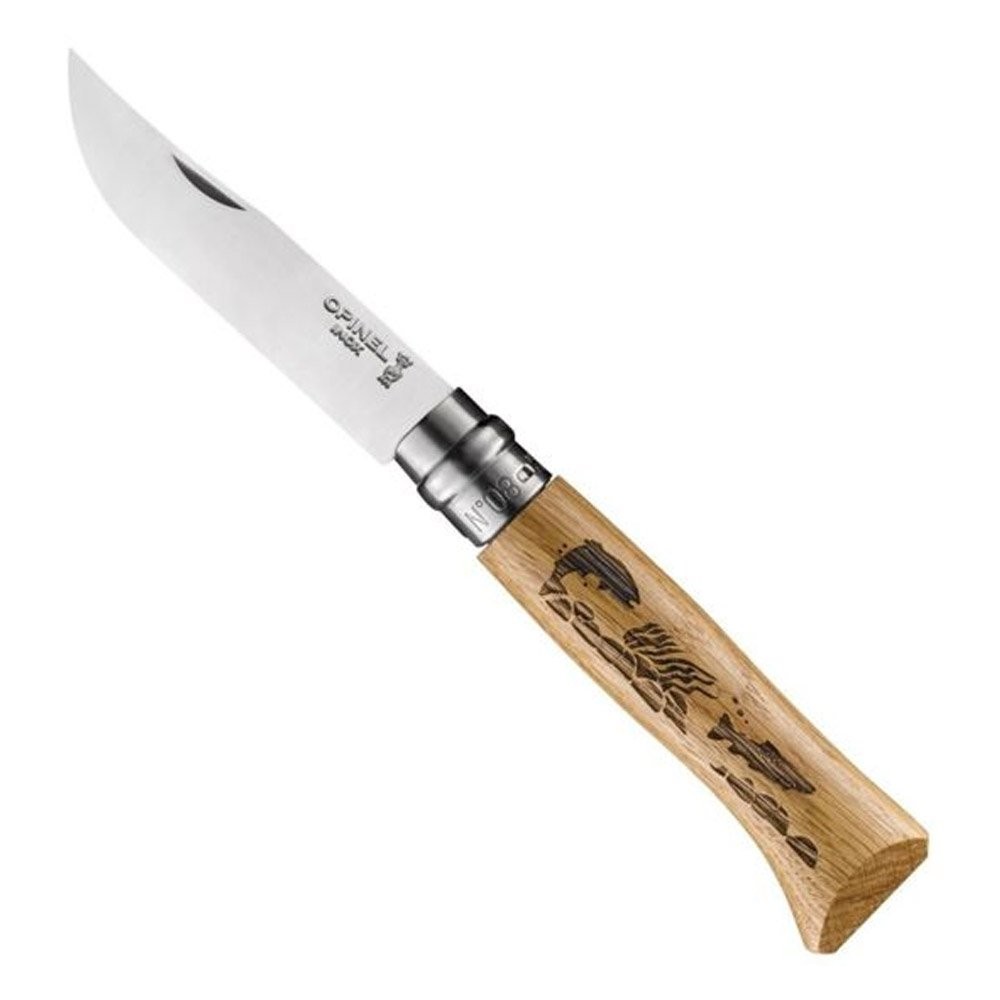 OP-002334-Opinel Inox No 8 Meşe Saplı Balık Desenli Paslanmaz Çelik Çakı