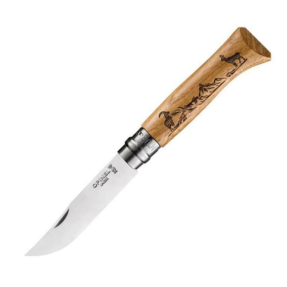 OP-002336-Opinel Inox No 8 Meşe Saplı Keçi Desenli Paslanmaz Çelik Çakı