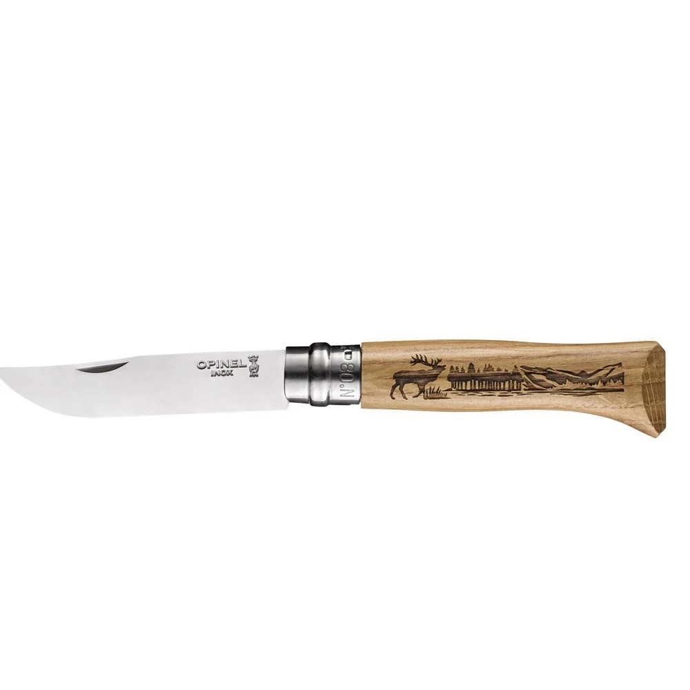 OP-002332-Opinel Inox No 8 Meşe Saplı Geyik Desenli Paslanmaz Çelik Çakı