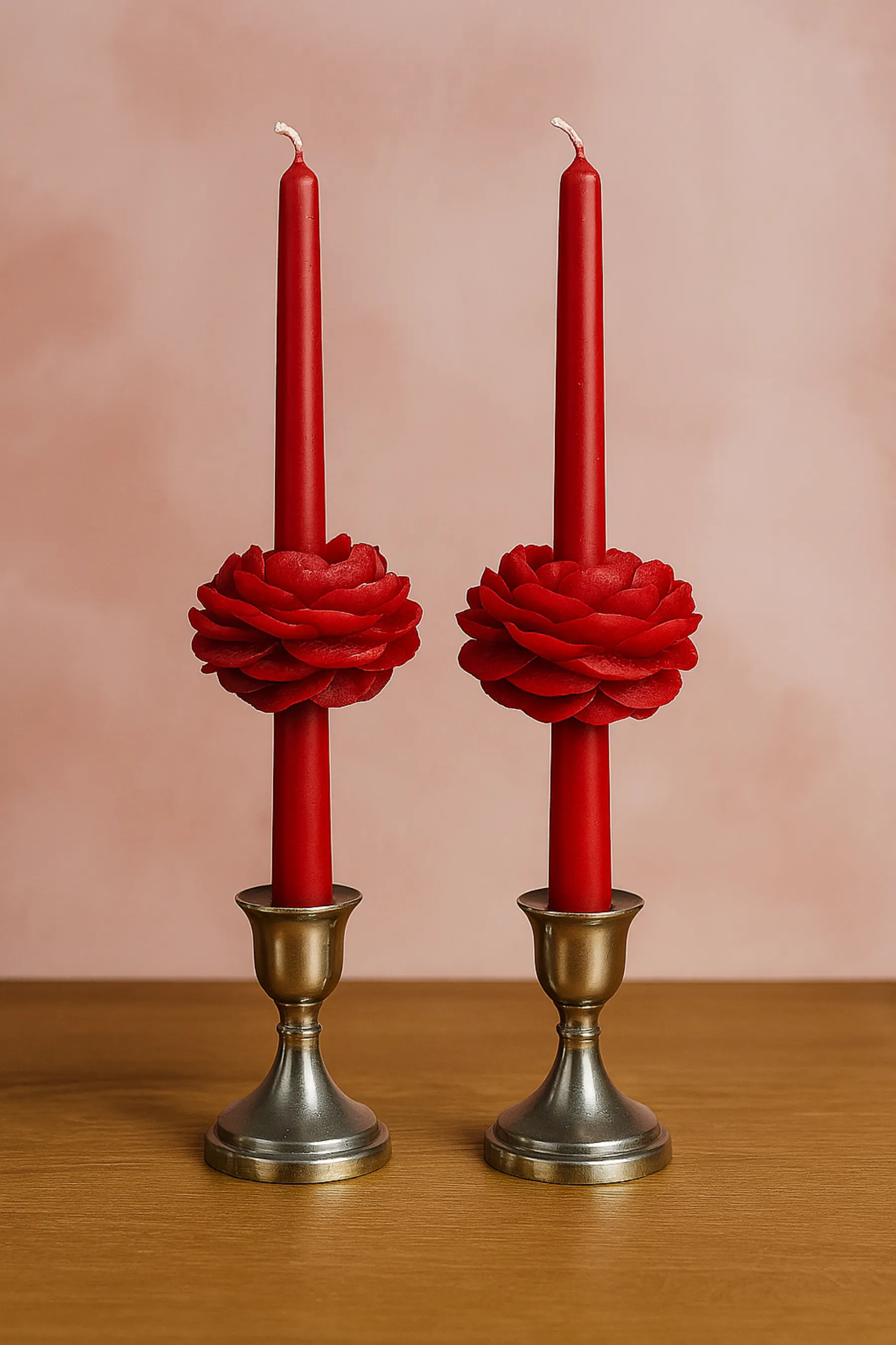 Doramira Home Luma 2'li Şakayık Süslü Kırmızı Şamdan Mum