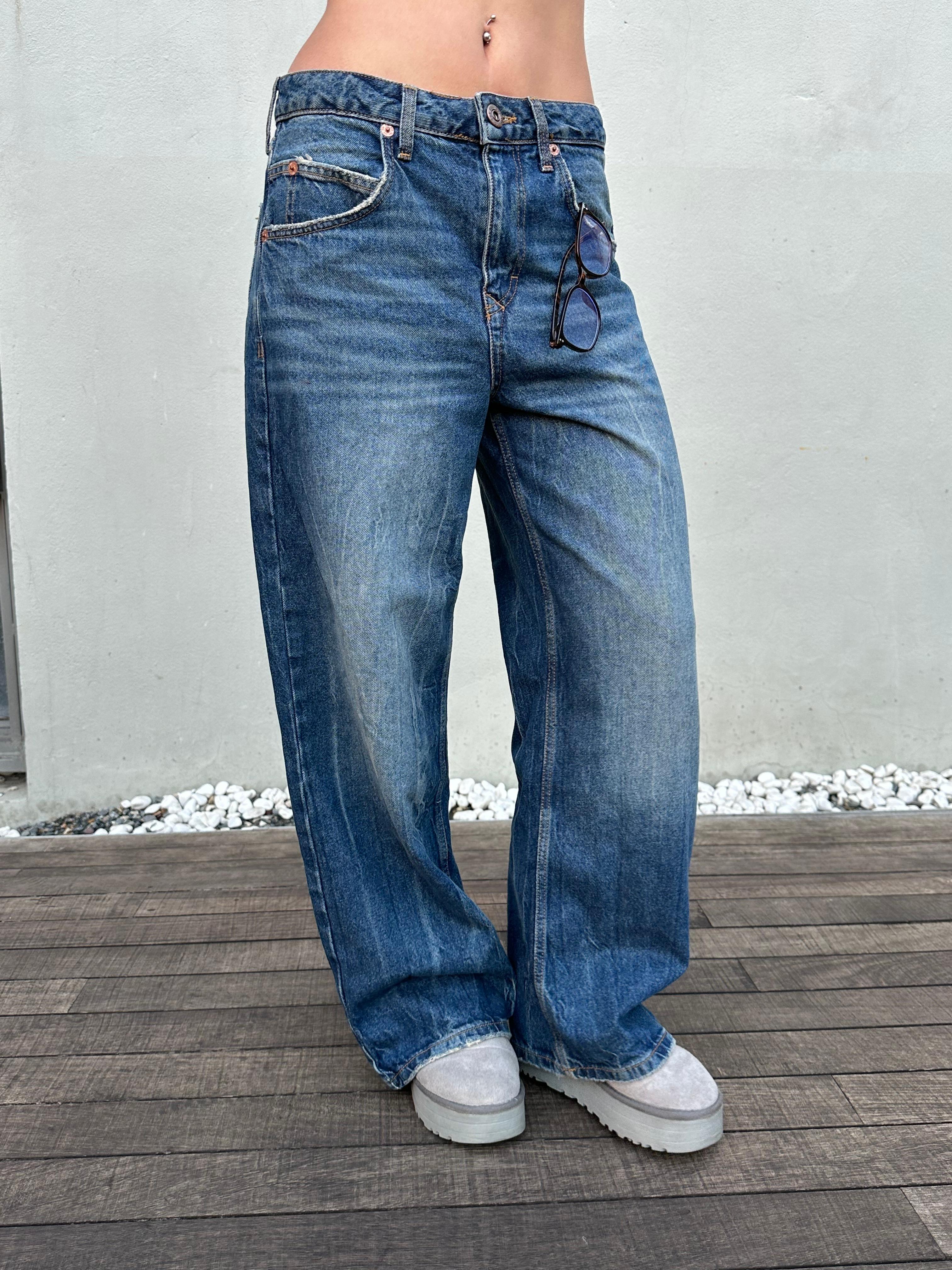 Yıkamalı Mavi Baggy Pantolon