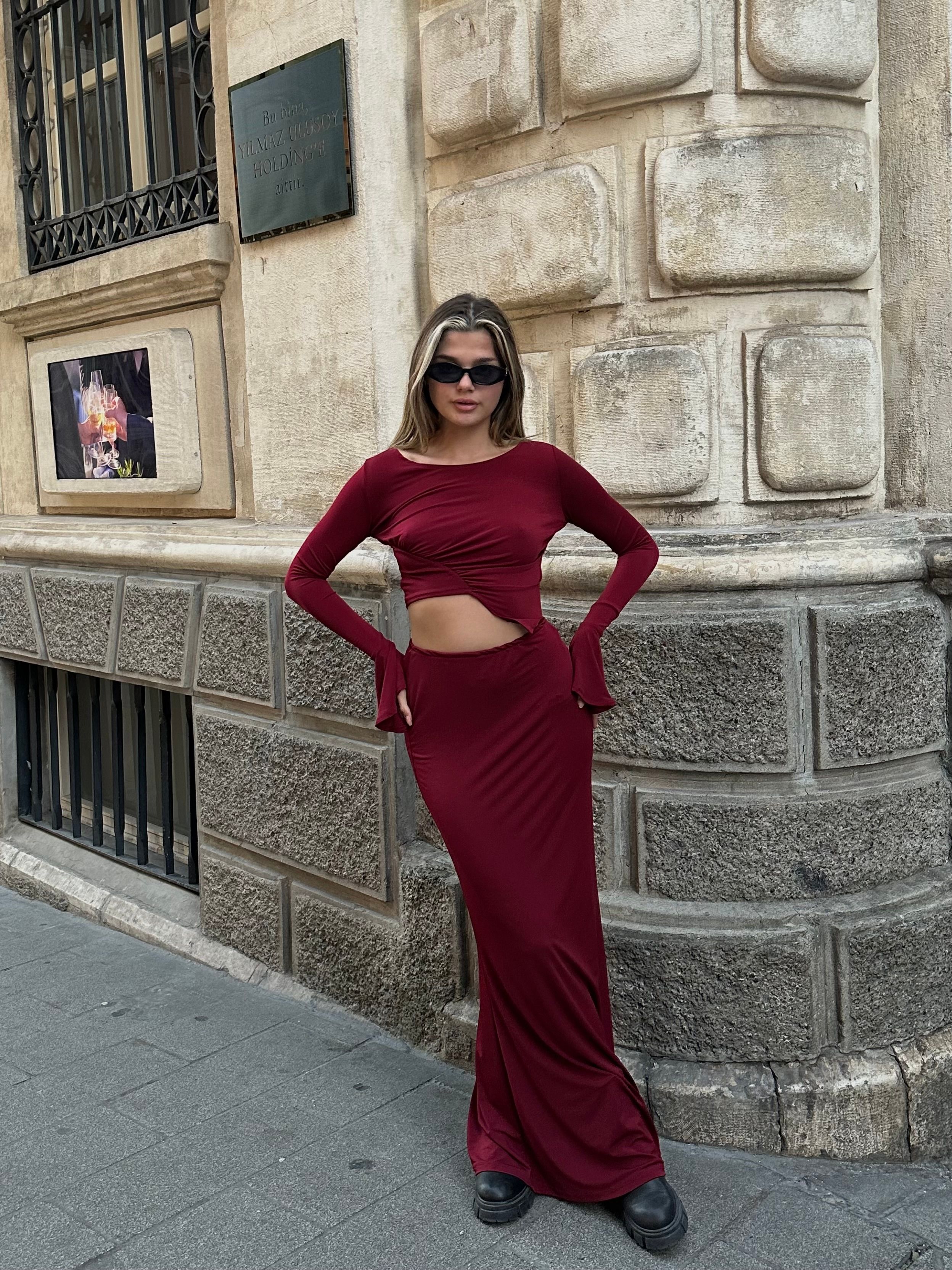 Mariah Büzgülü Bordo Etek Takım