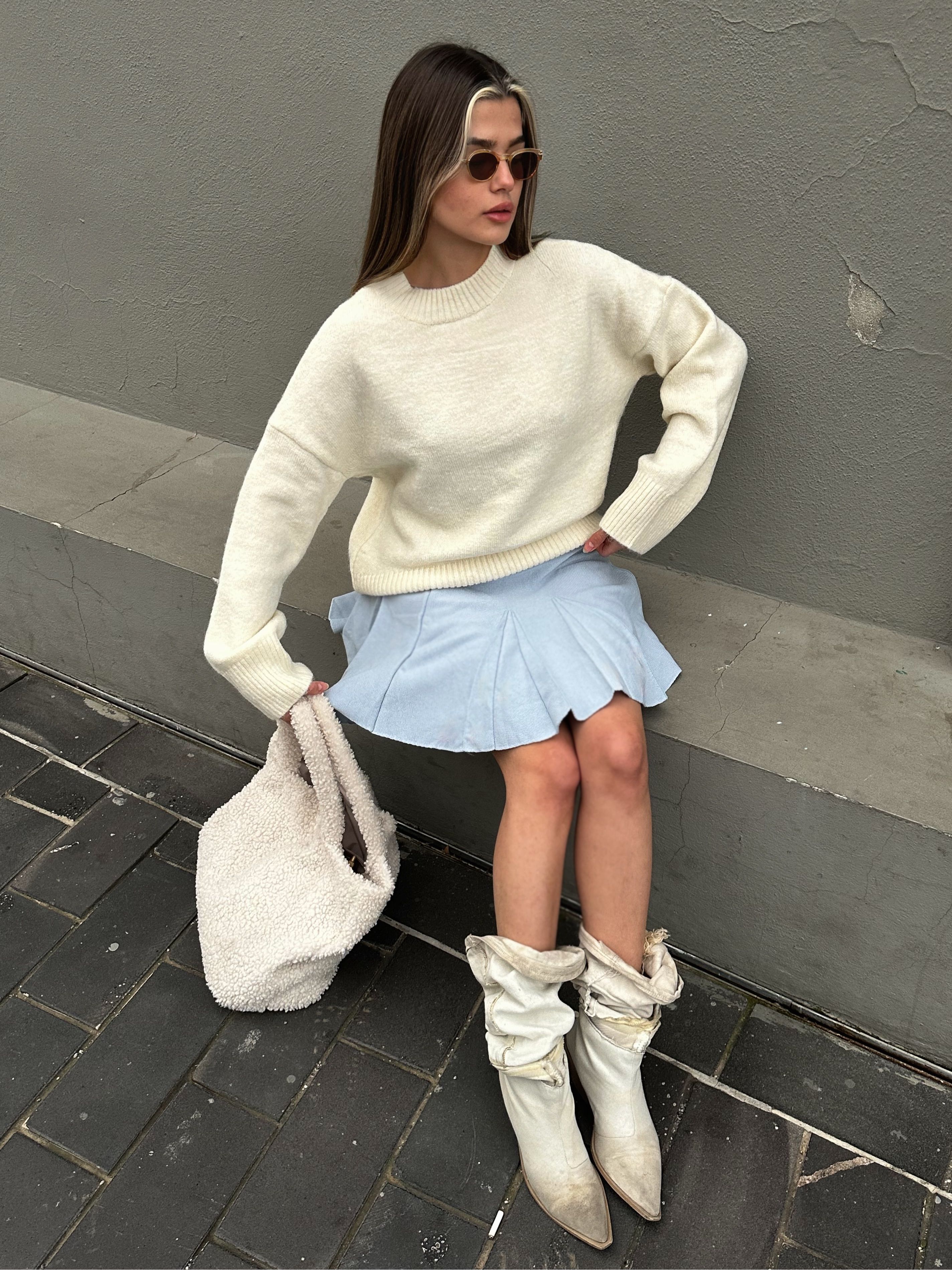 Krem Oversize Triko Kazak