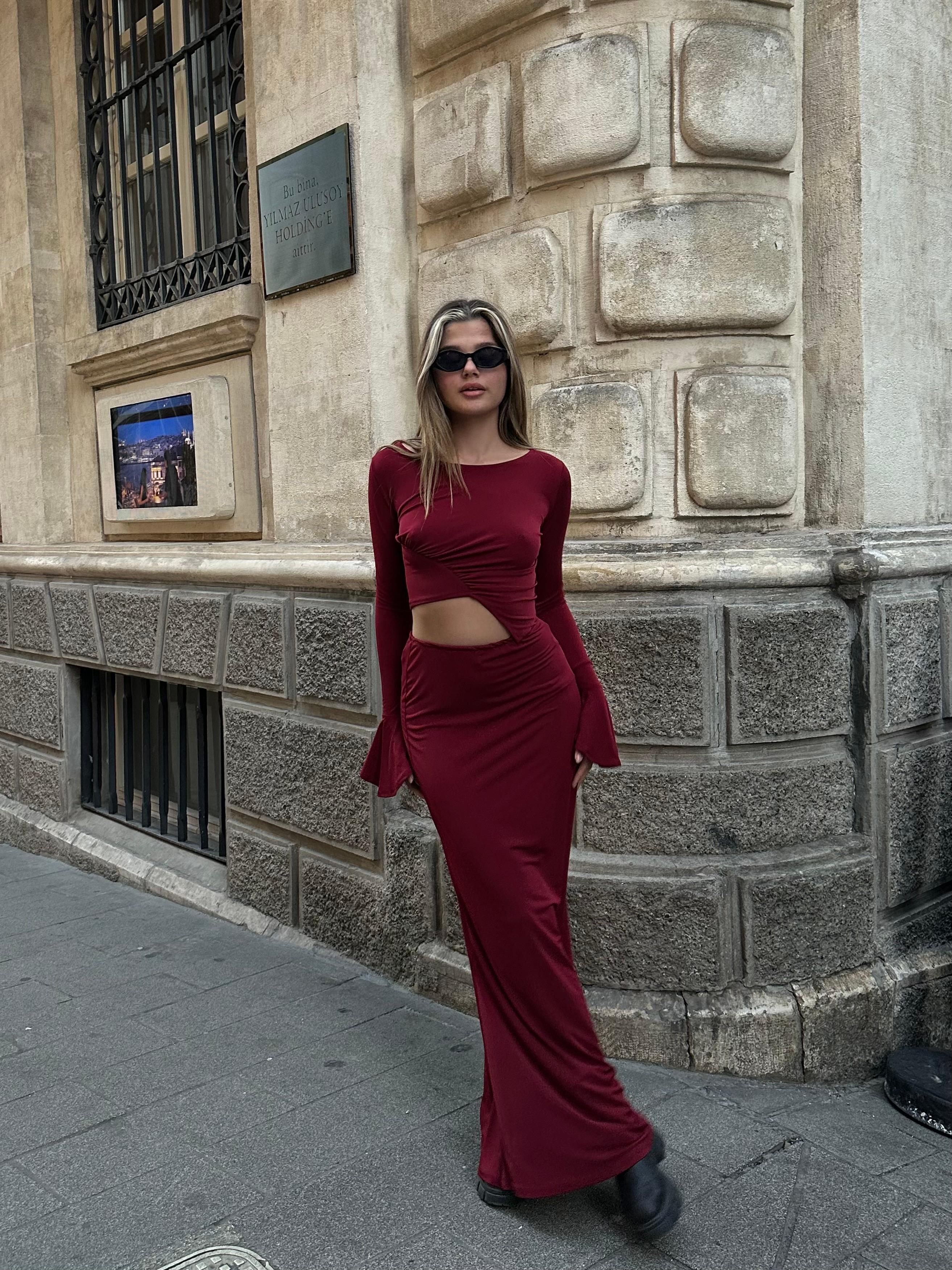 Mariah Büzgülü Bordo Etek Takım