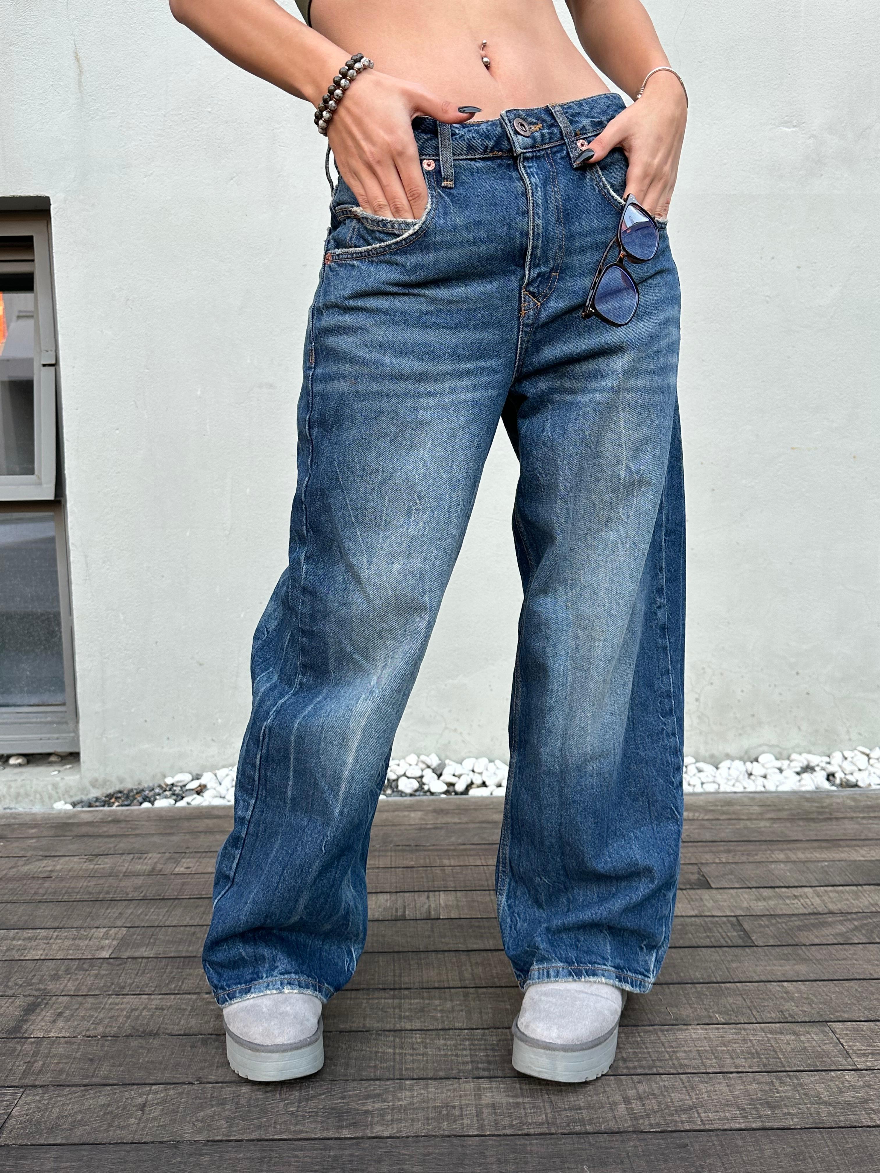 Yıkamalı Mavi Baggy Pantolon