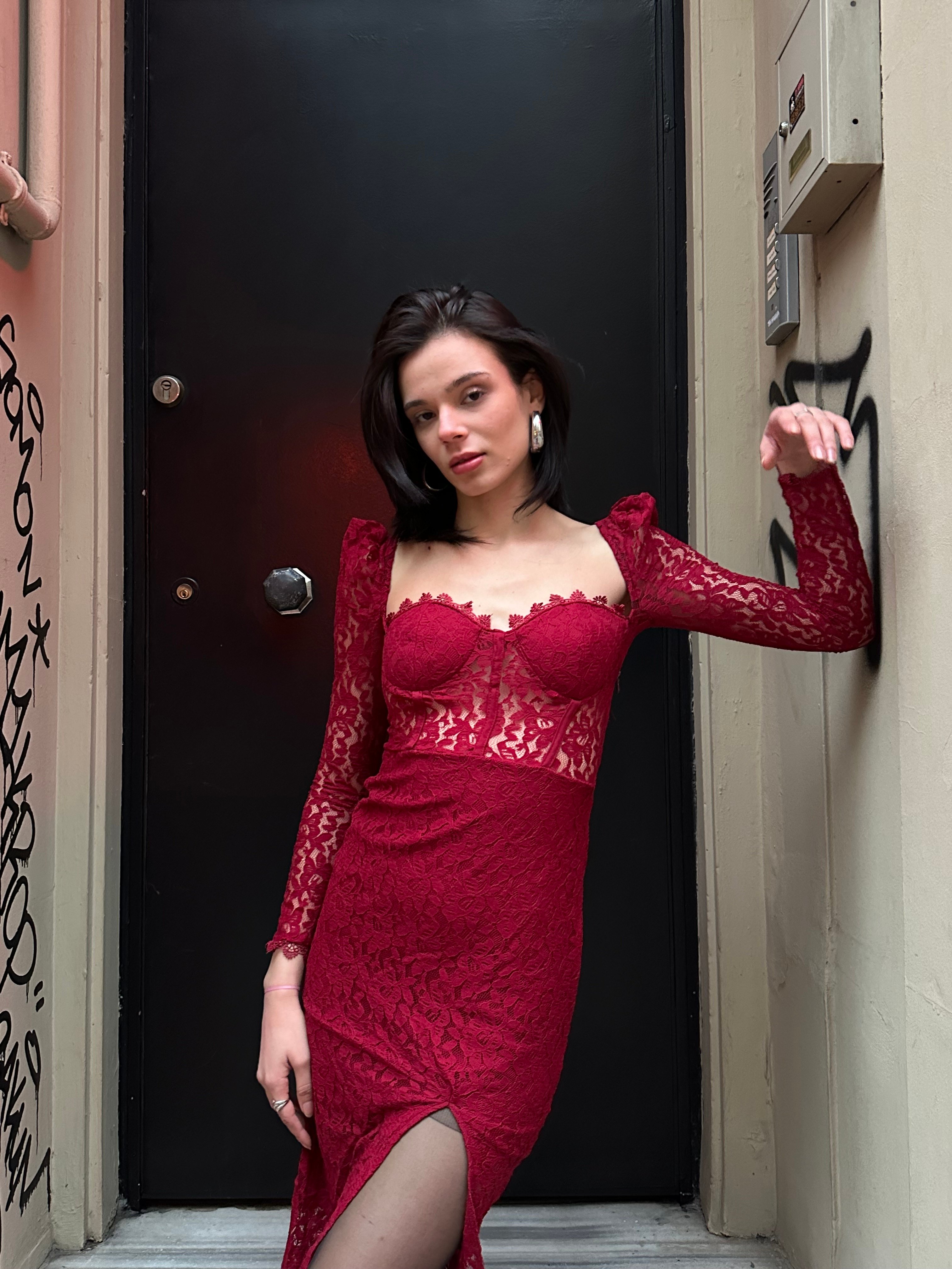 Kırmızı Drape Detay Dantelli Maxi Elbise