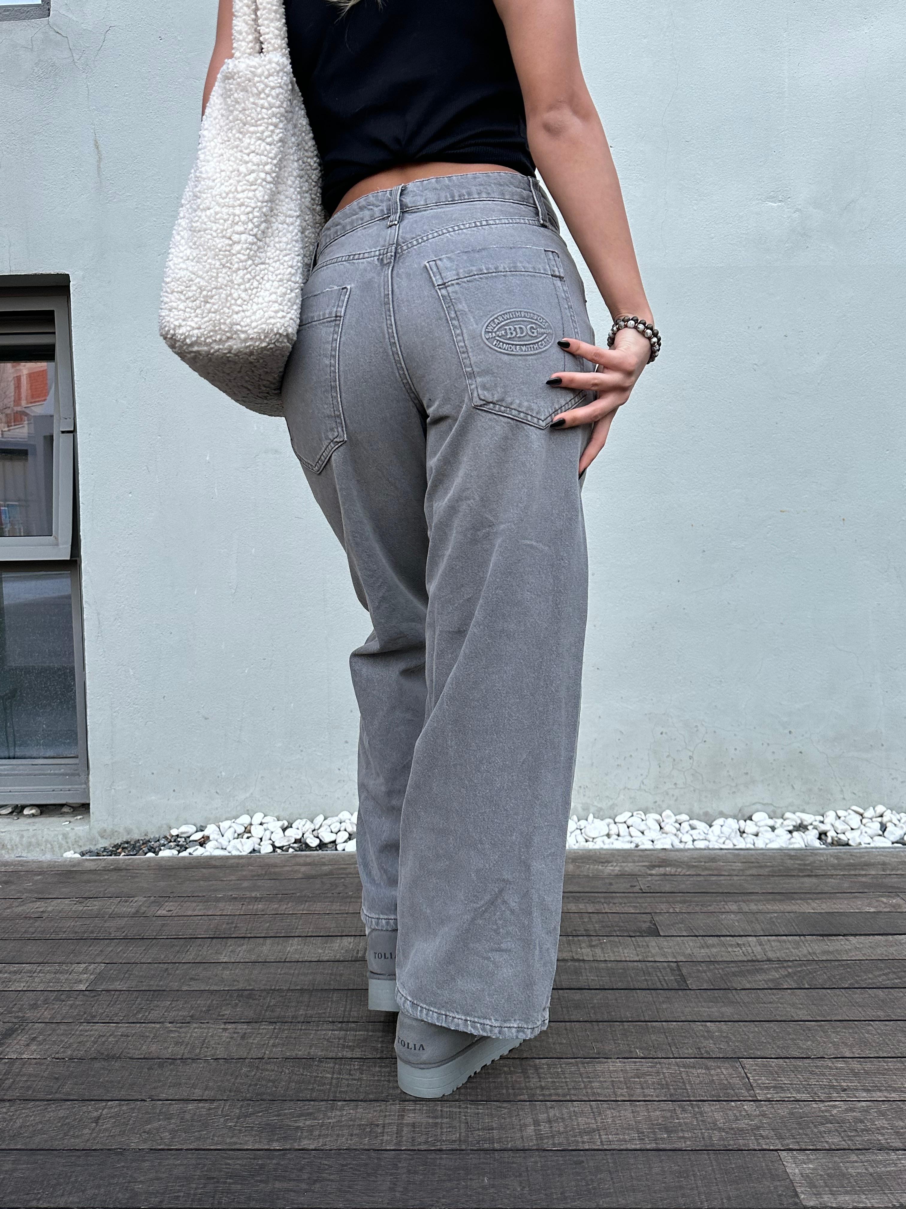 Yıkamalı Gri Baggy Pantolon