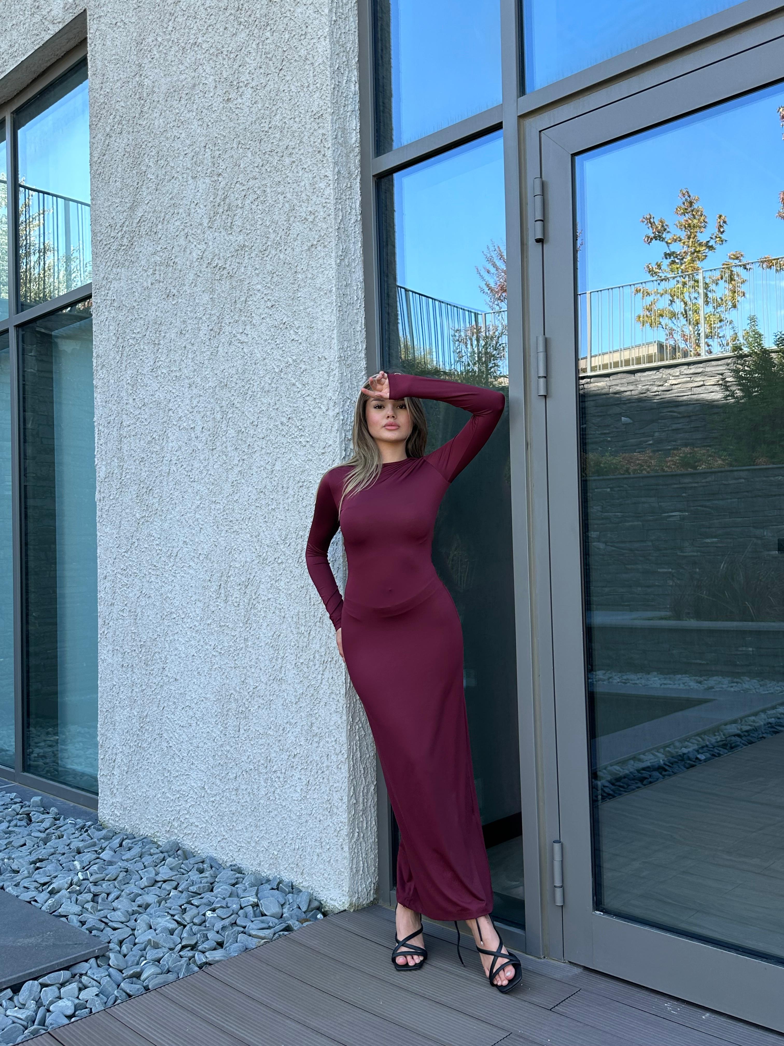 Uzun Kollu Bordo Elbise 