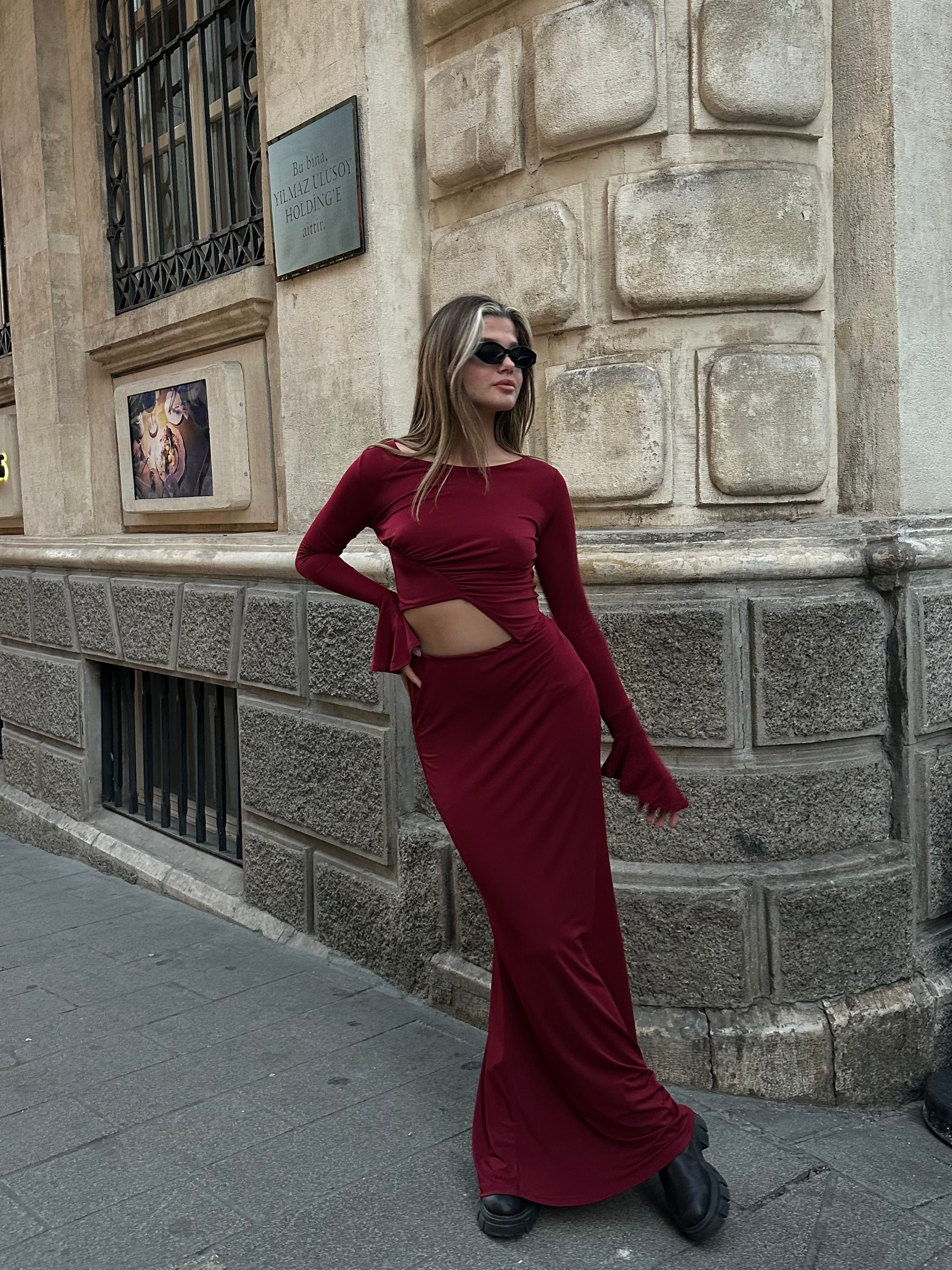 Mariah Büzgülü Bordo Etek Takım