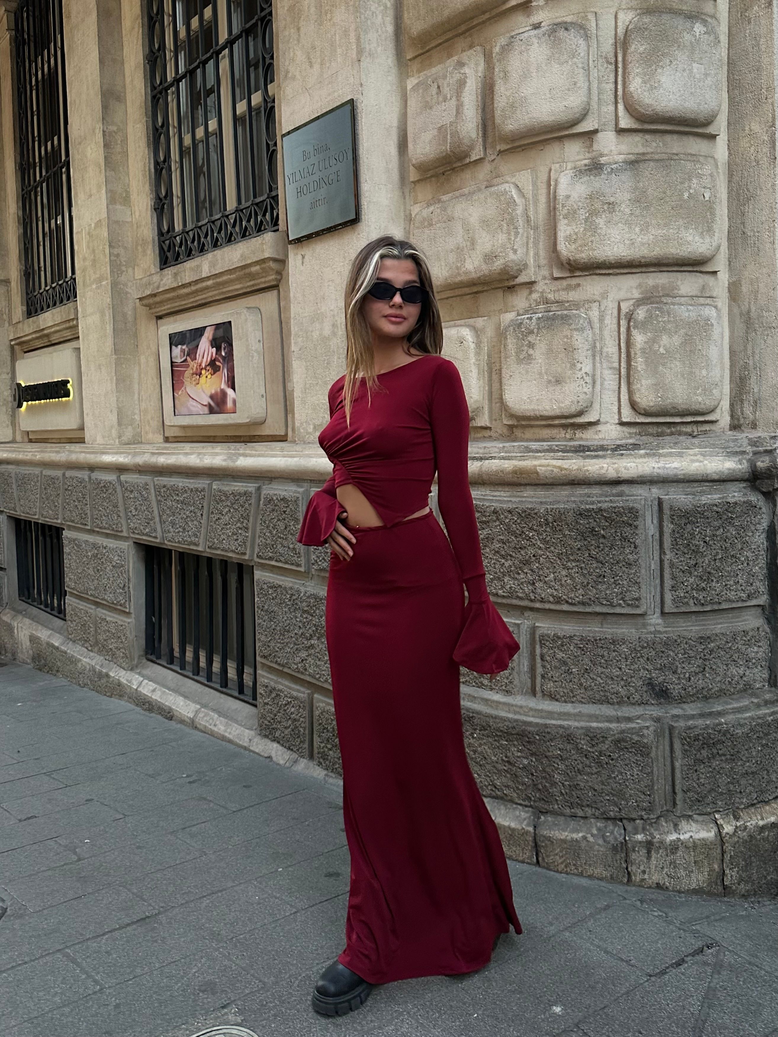 Mariah Büzgülü Bordo Etek Takım