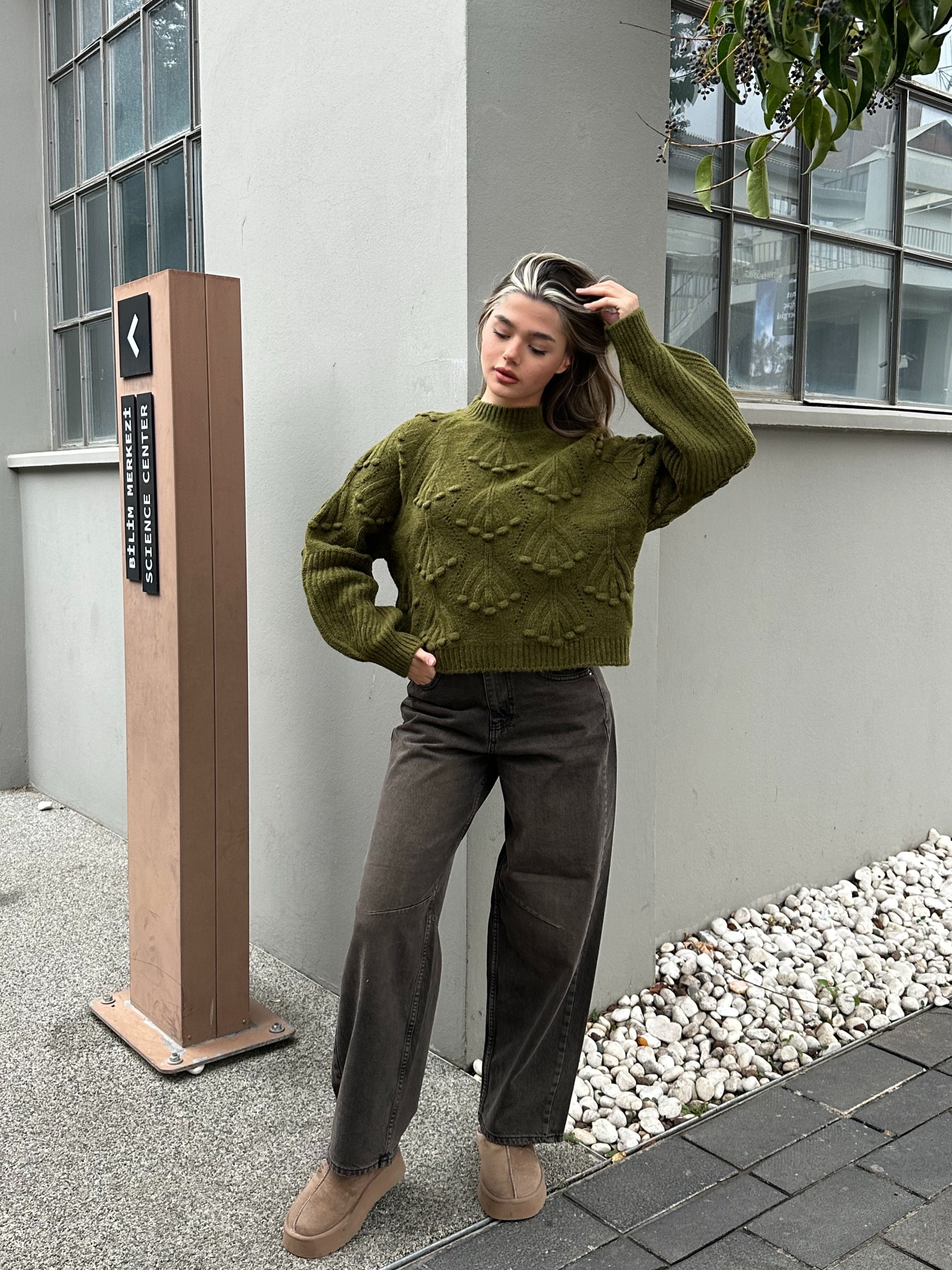 Haki Oversize Desenli Triko Kazak 