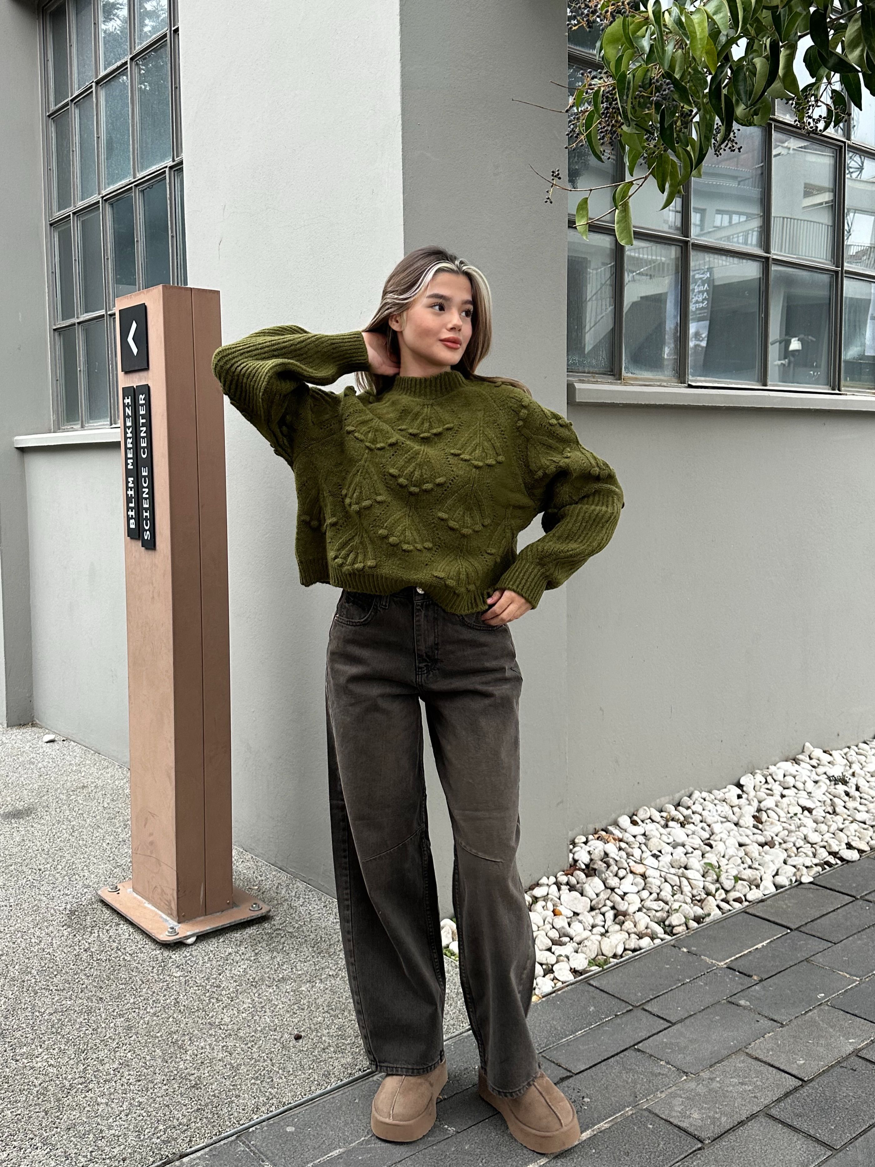 Haki Oversize Desenli Triko Kazak 