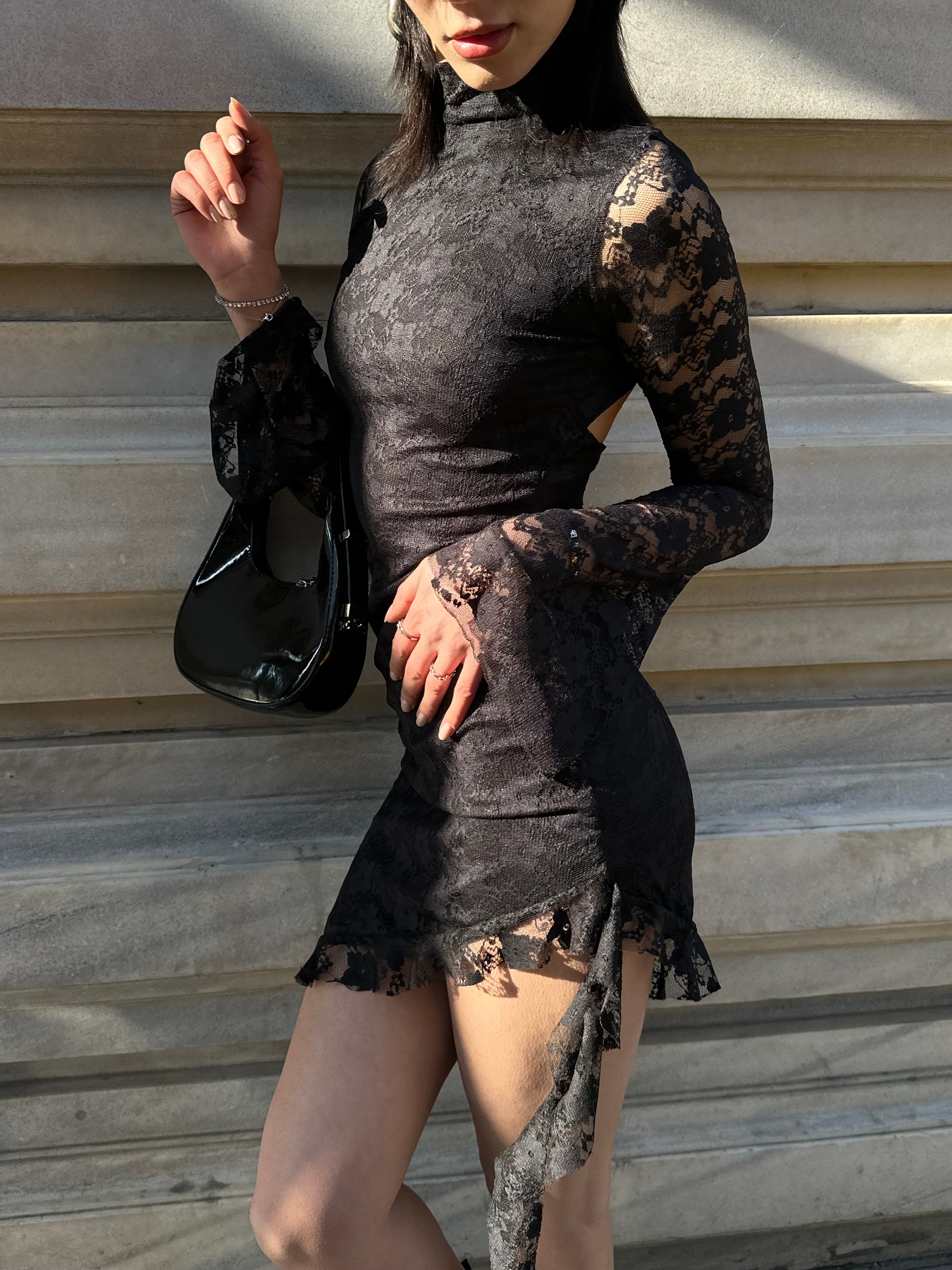 Siyah İspanyol Kol Dantelli Elbise