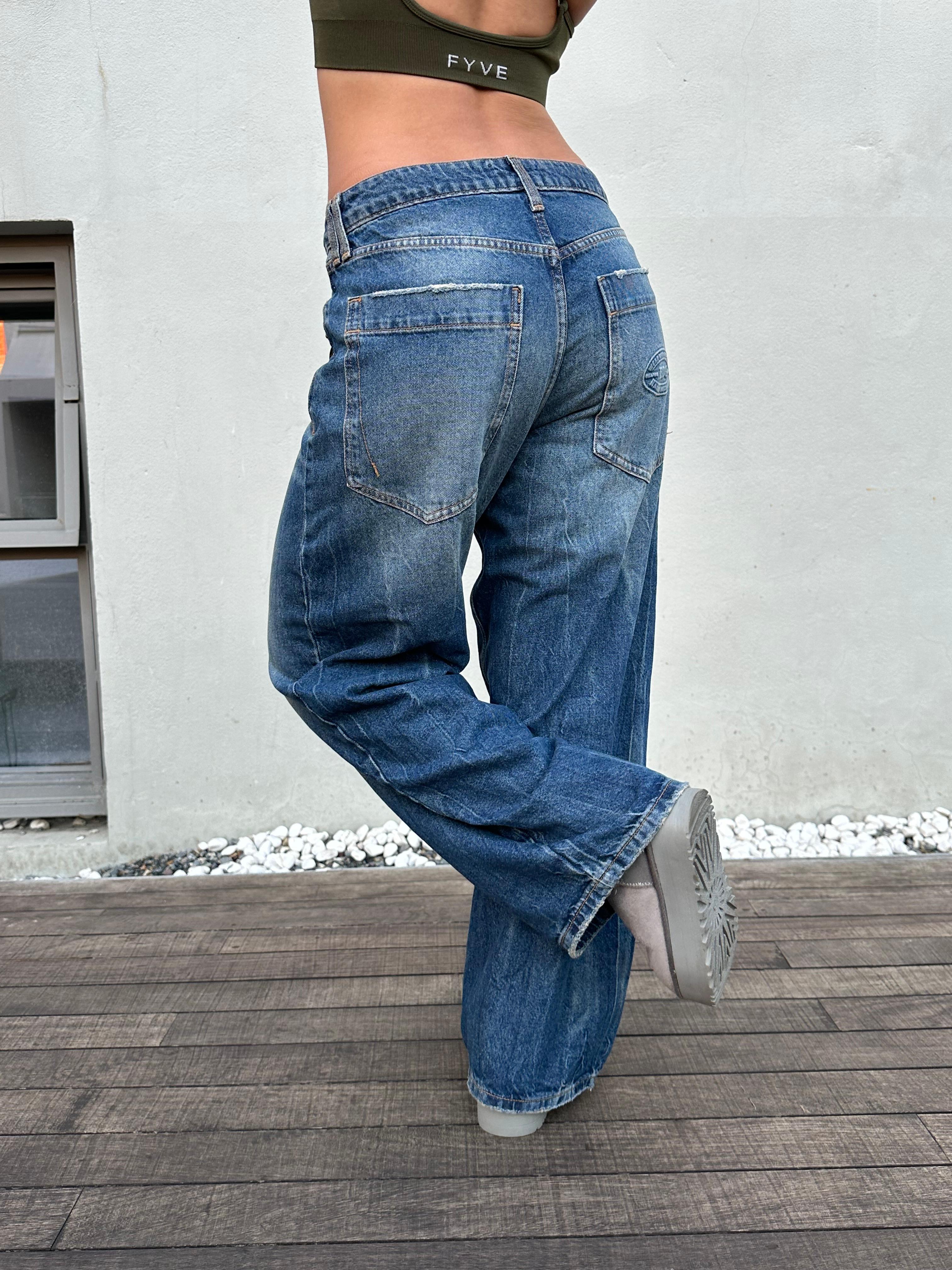 Yıkamalı Mavi Baggy Pantolon