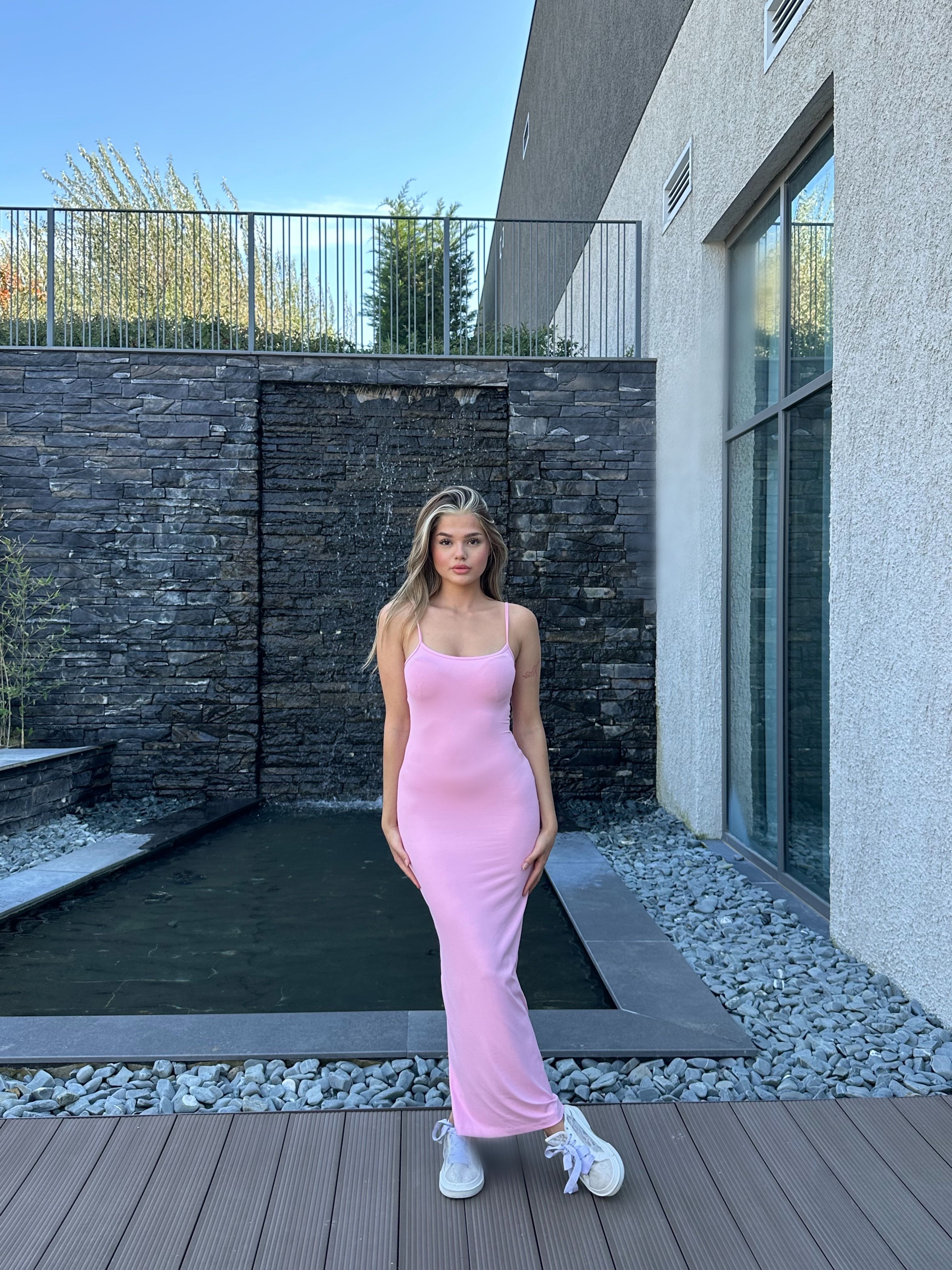Pembe Askılı Uzun Elbise 