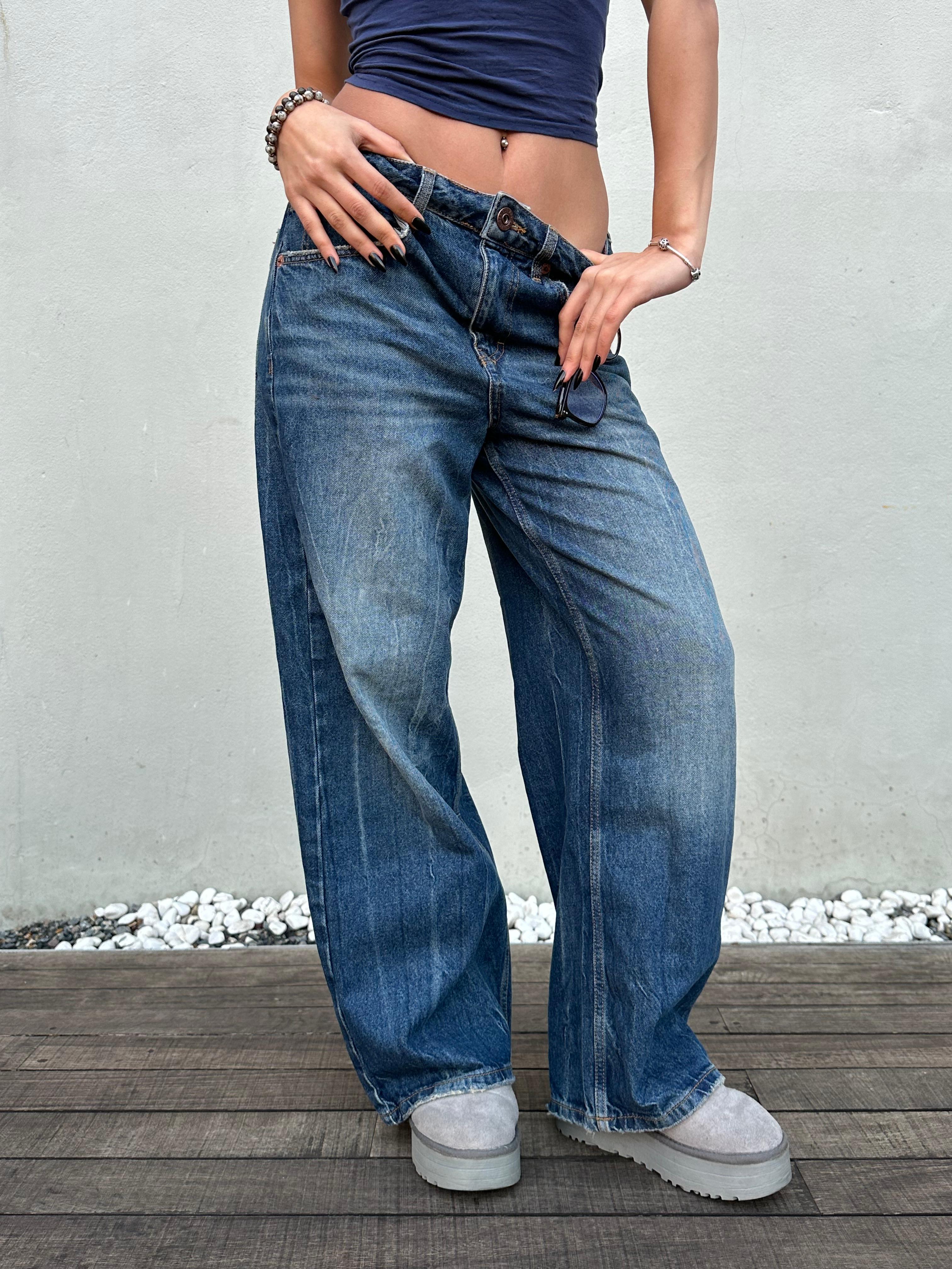 Yıkamalı Mavi Baggy Pantolon