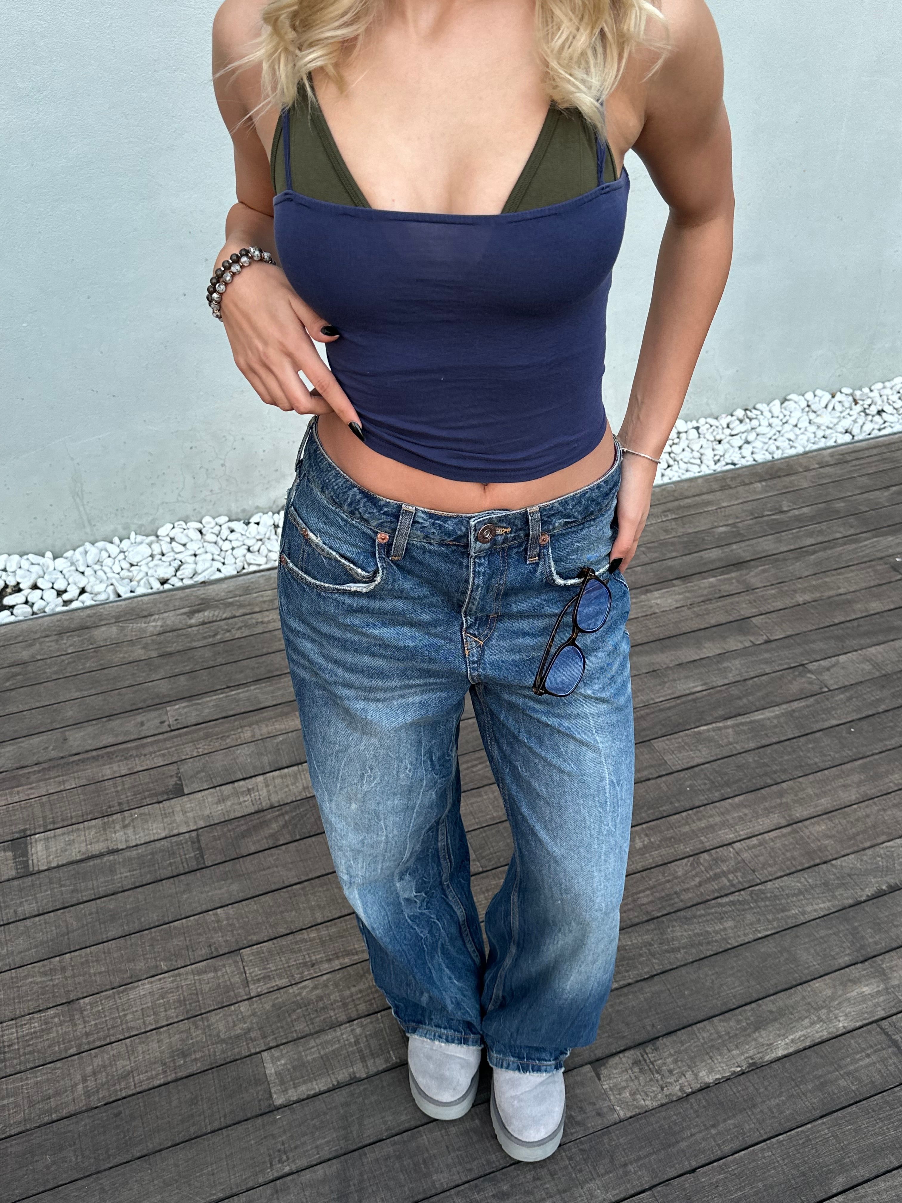 Yıkamalı Mavi Baggy Pantolon