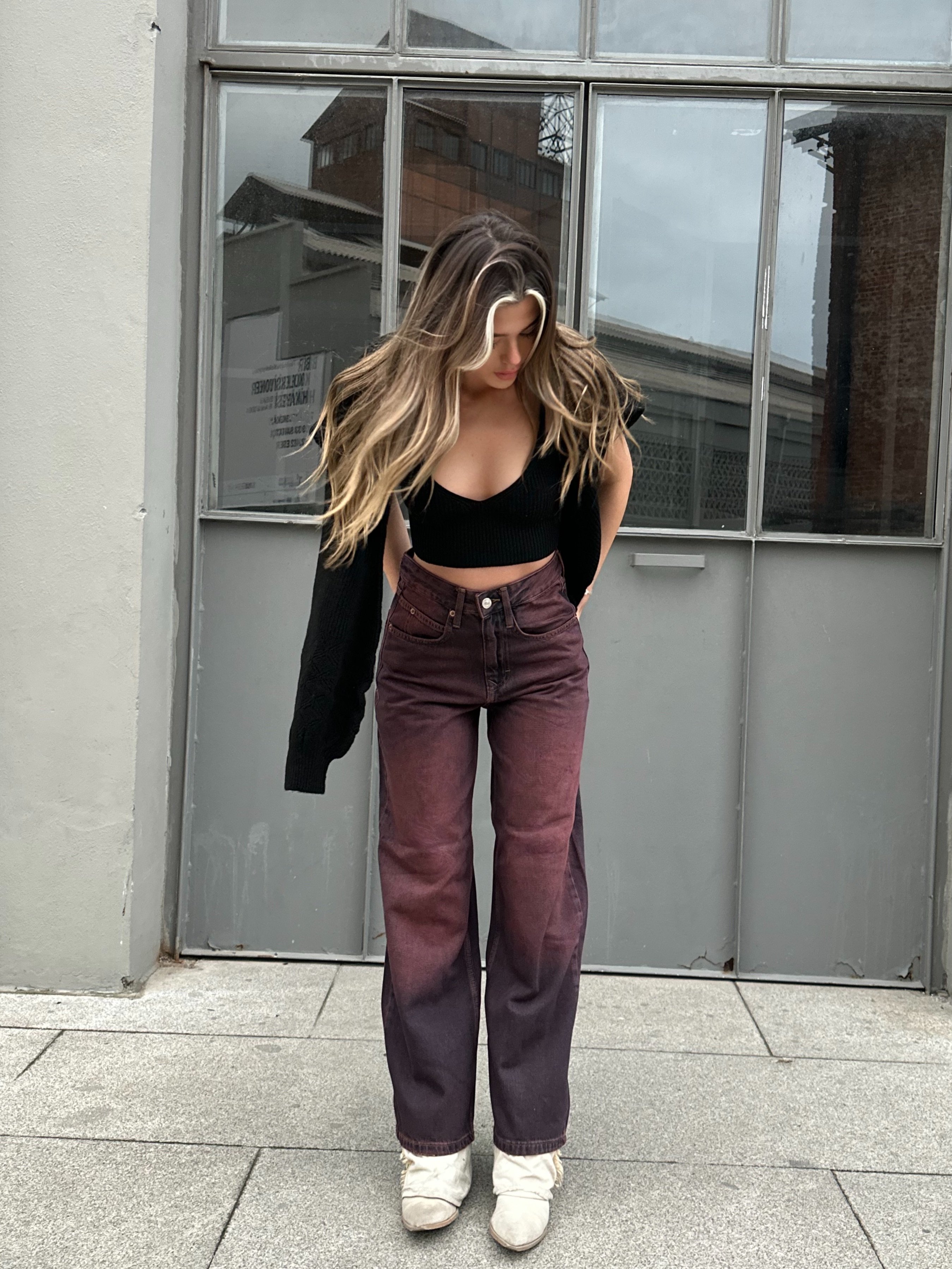 Yıkamalı Bordo Baggy Pantolon
