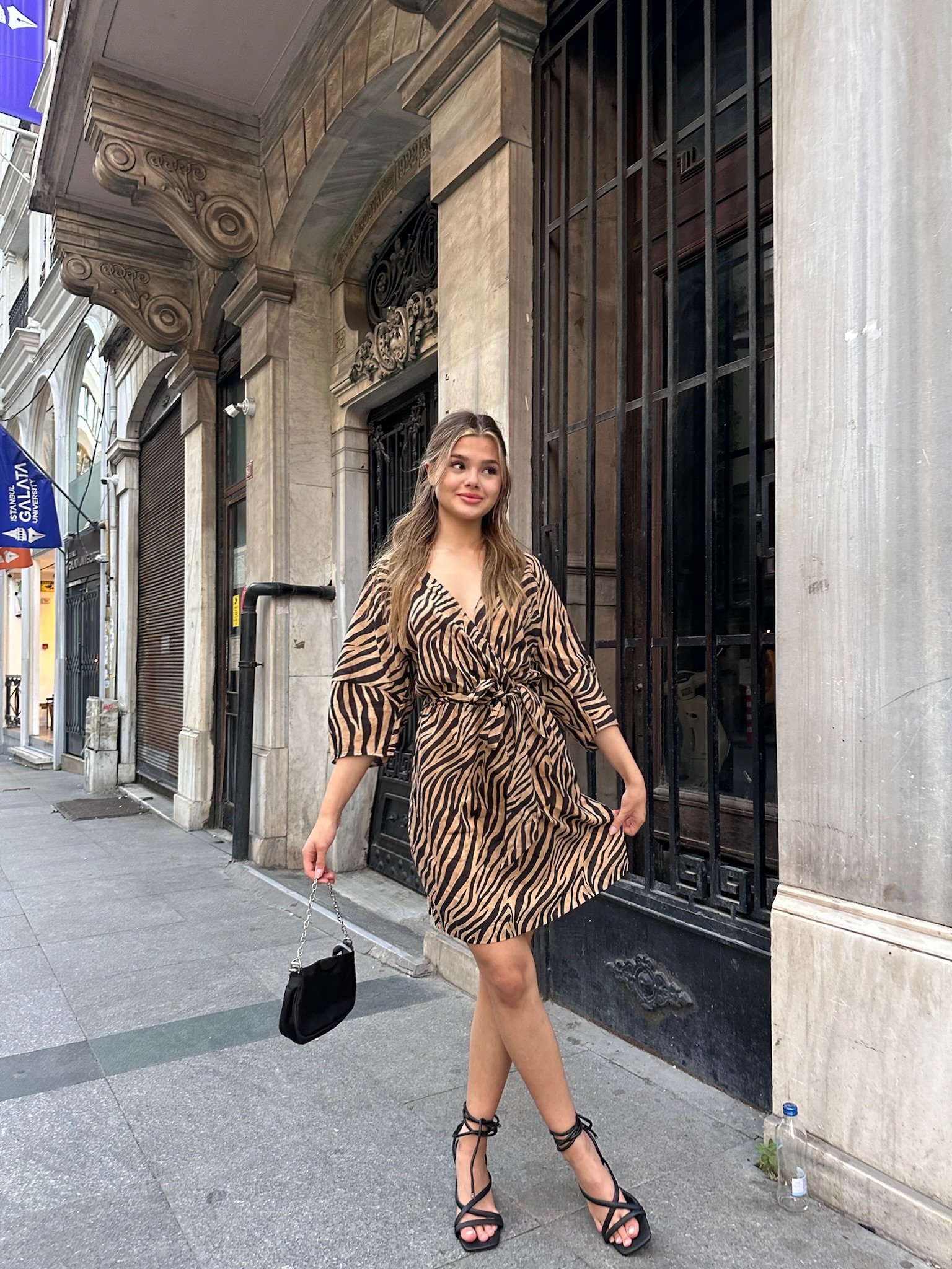 Kahverengi Zebra Desenli Elbise