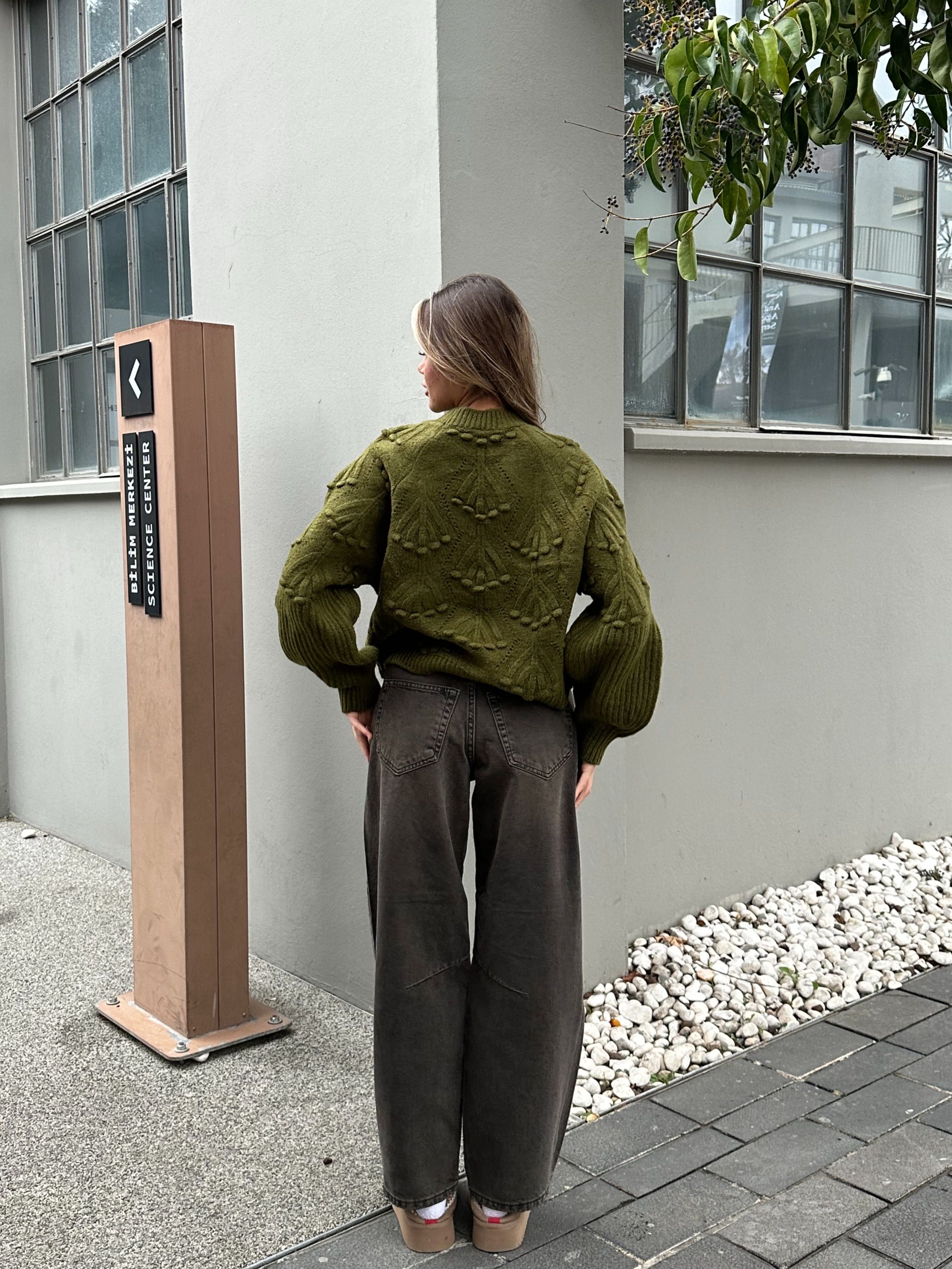 Haki Oversize Desenli Triko Kazak 