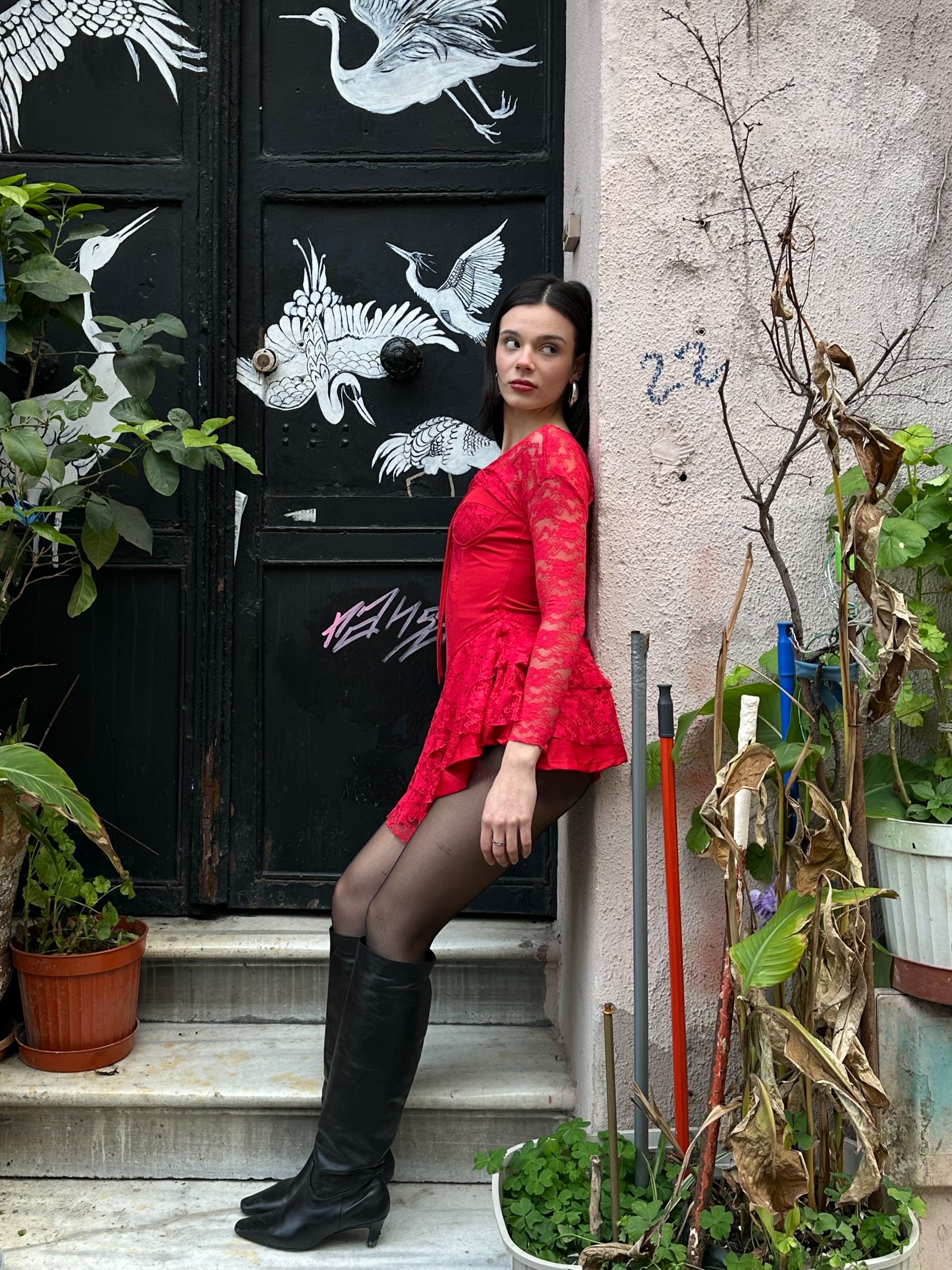 Kırmızı Bolero Detay Dantelli Mini Elbise