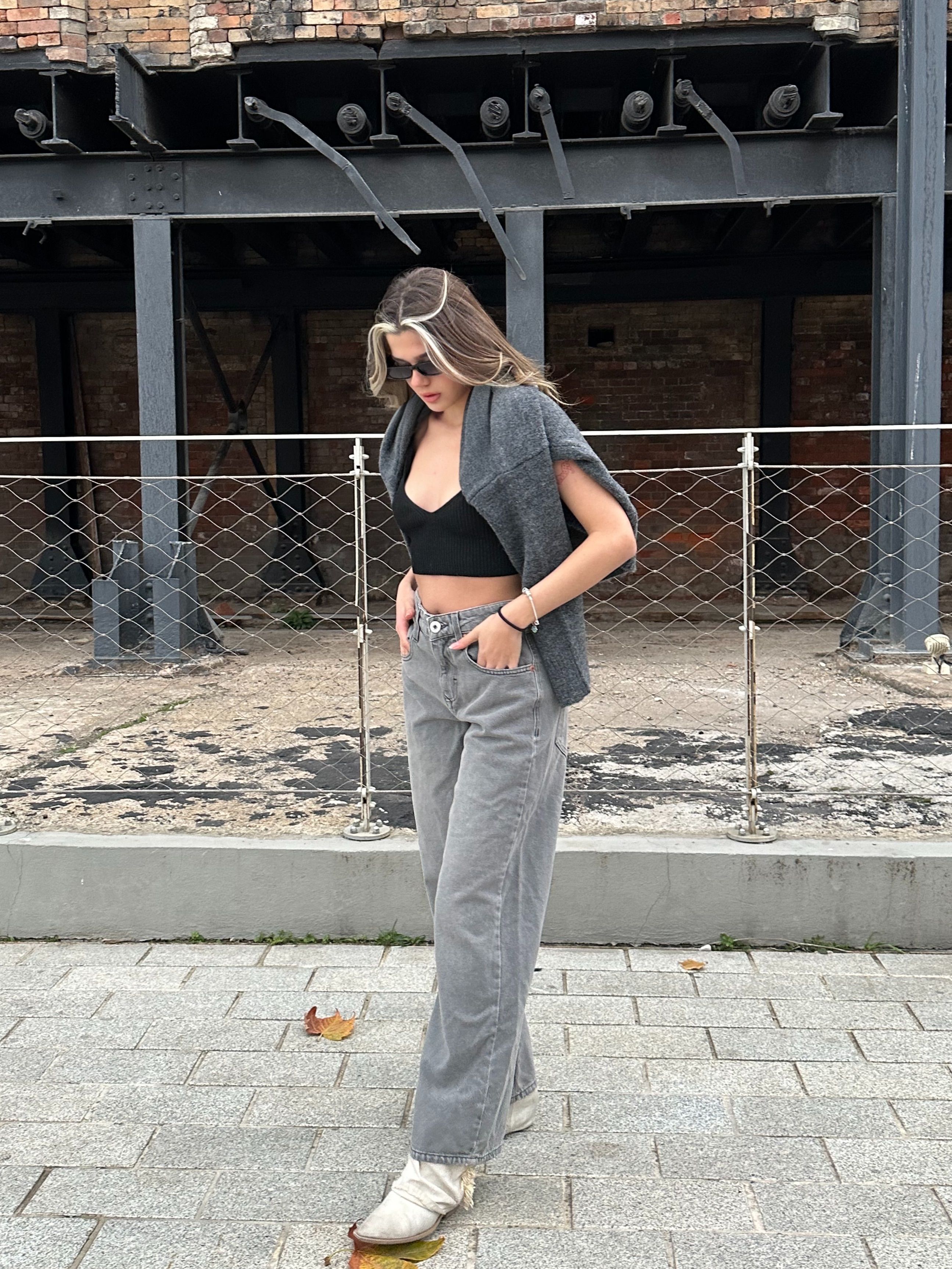 Yıkamalı Gri Baggy Pantolon